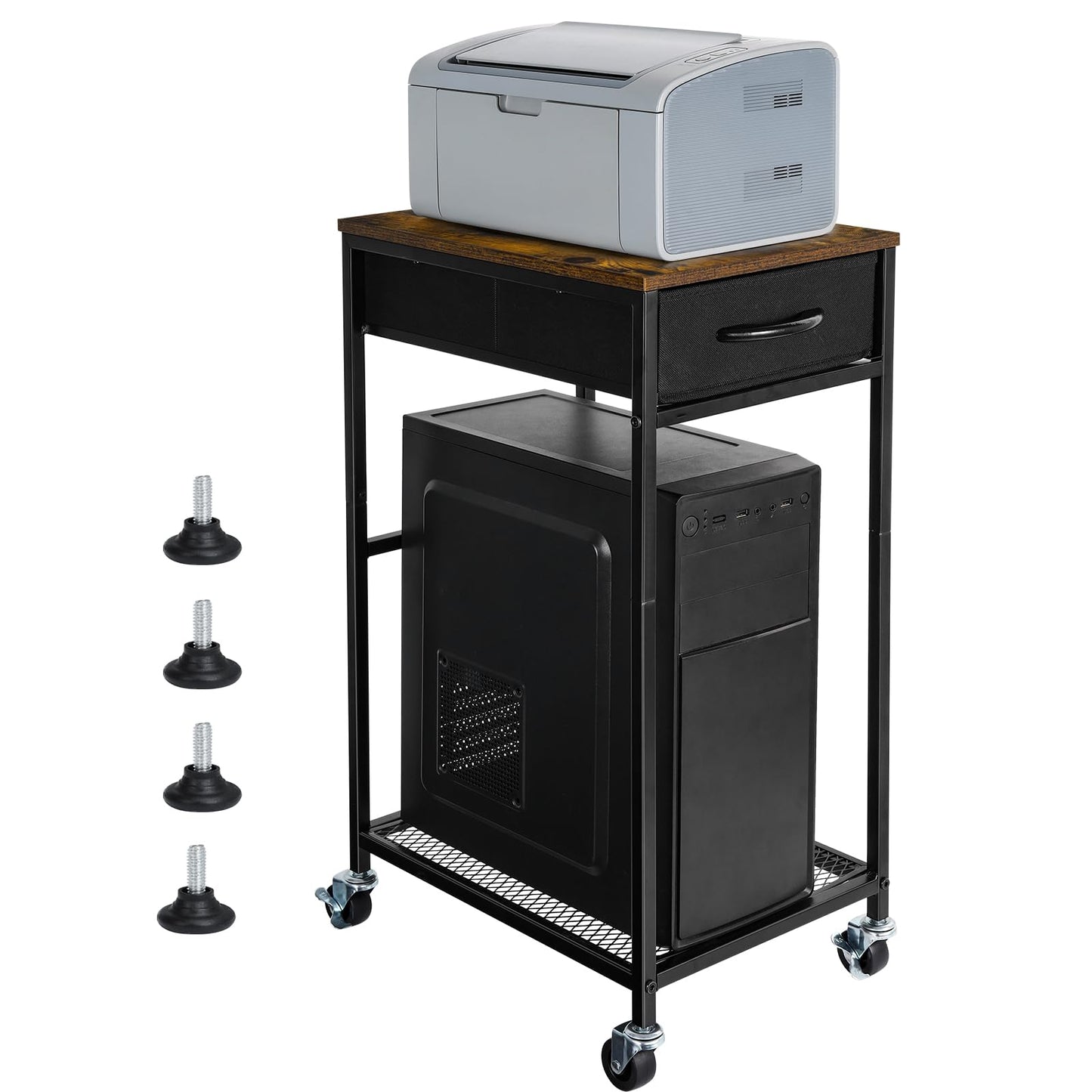 Computer Tower Stand PC Tower Stand with Storage Drawer Mobile CPU Holder Stand with Caster Wheels 2 Tier Rolling Computer Tower Cart for Home Office Fax, Rustic Brown