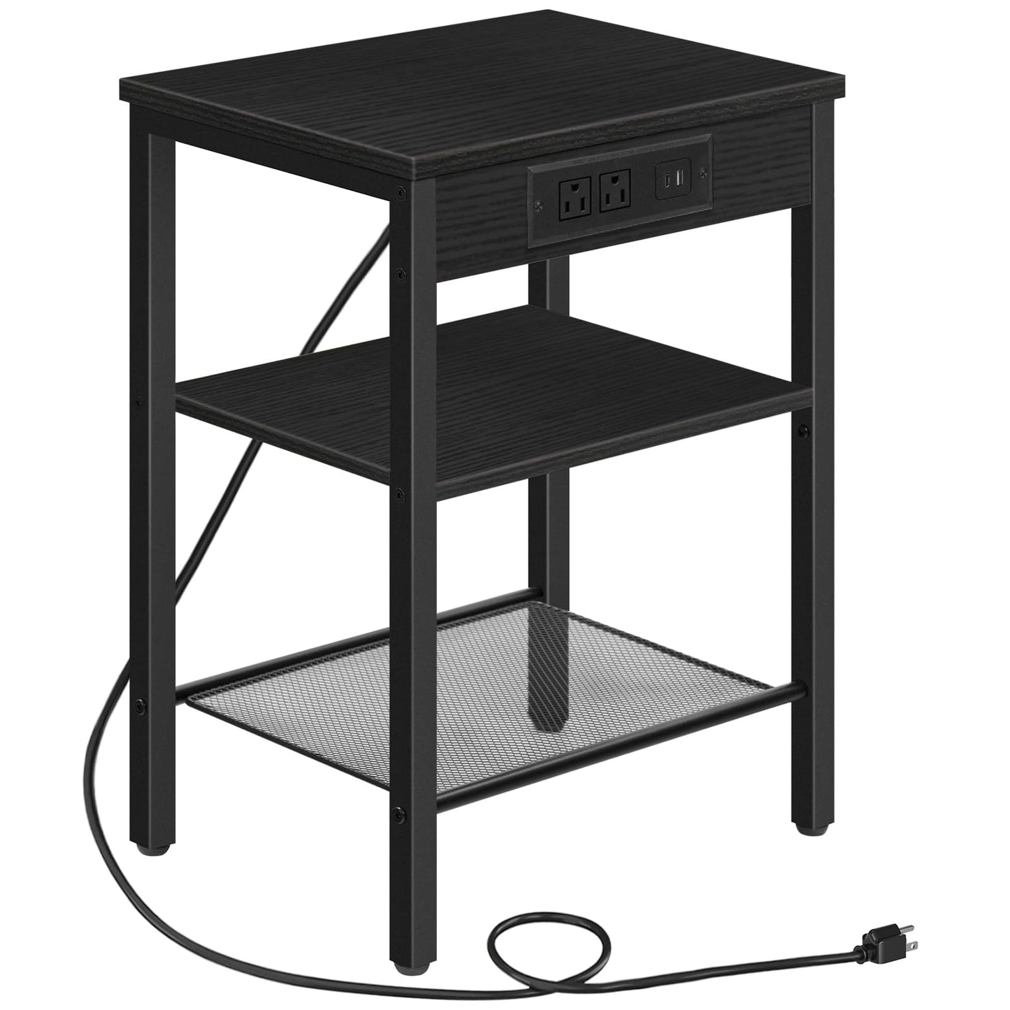 HOOBRO End Table with Charging Station and USB Ports, 3-Tier Nightstand with Adjustable Shelves, Narrow Side Table for Small Space in Living Room, Bedroom and Balcony, Black BB112BZ01