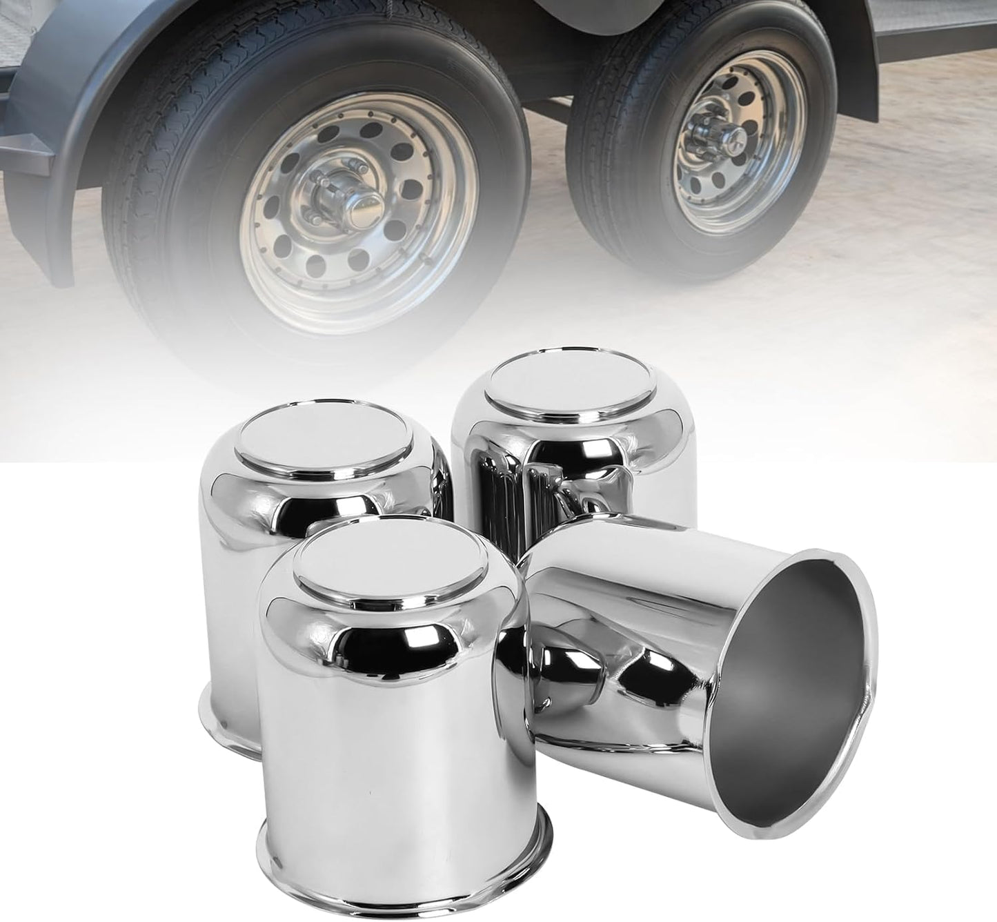 3.19" Push Through Wheel Center Caps for Trailer Truck RV Wheel Rims, Chrome Silver Trailer Wheel Hub Center Caps Fit 3.19inch Center Bore, Carbon Steel Weatherproof & Corrosion Resistant(4 Pack)