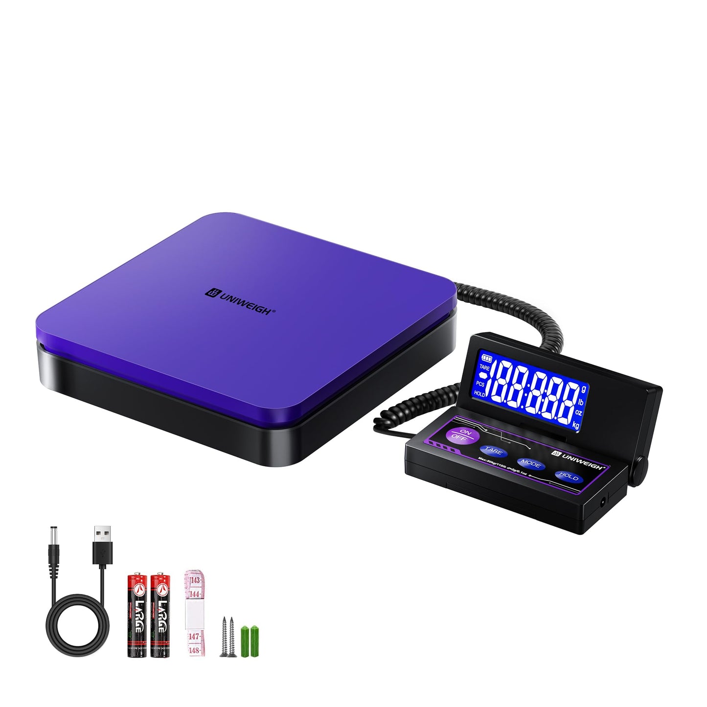 UNIWEIGH Digital Shipping Scale 110lbs/0.1oz Accurate,Postal Scale with 5 Units/LCD/Tare/Hold Function,Auto-Off,Postage Scale for Packages Small Business/Mail Scale,Includes Battery & USB Power