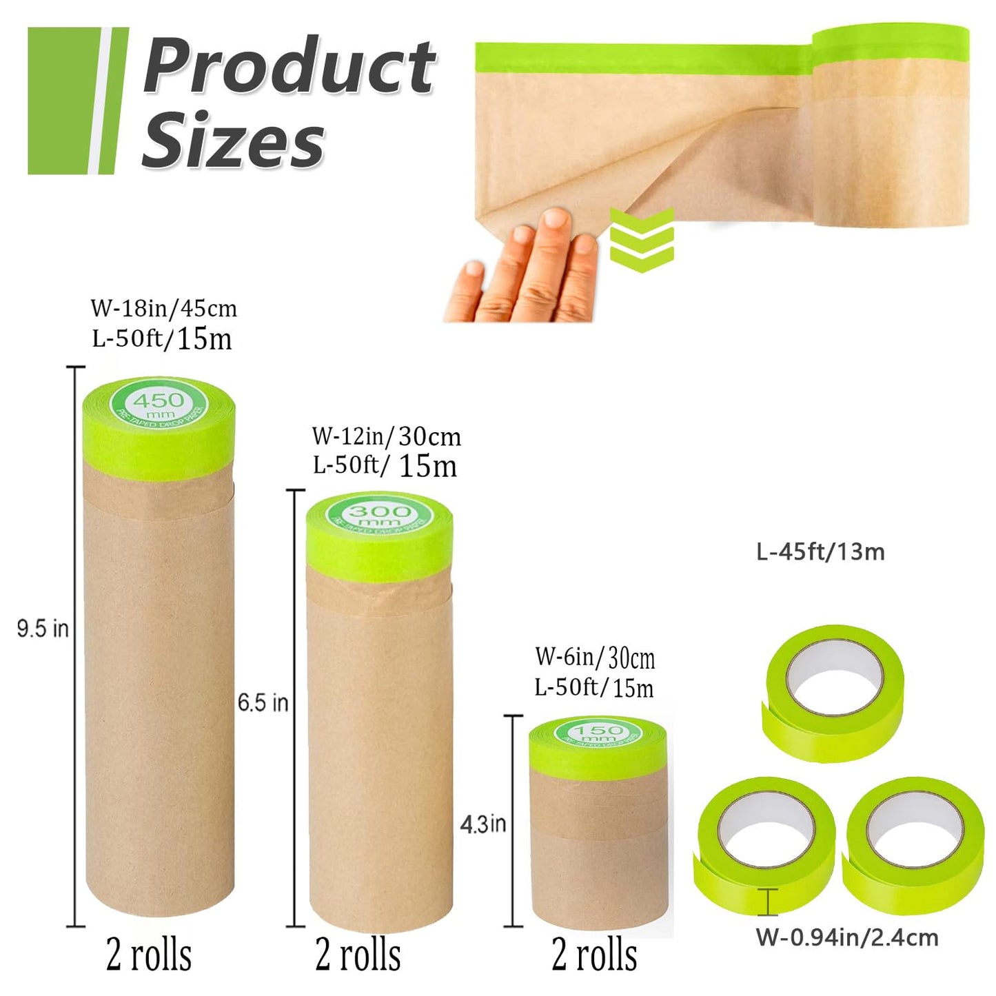 Paint Masking Paper, 6 Pack Tape and Drape Painters Paper, Assorted Size Masking Paper for Painting Car and Auto Body,Floor Protection, Wall Covering(Each Roll 50 Feet)