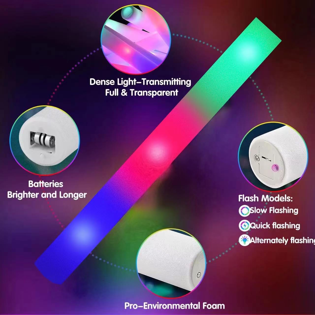 SHQDD Glow Sticks Bulk, 28 Pcs LED Foam Sticks with 3 Modes Colorful Flashing, Glow in the Dark Party Supplies for Wedding, Raves, Concert, Party, Camping