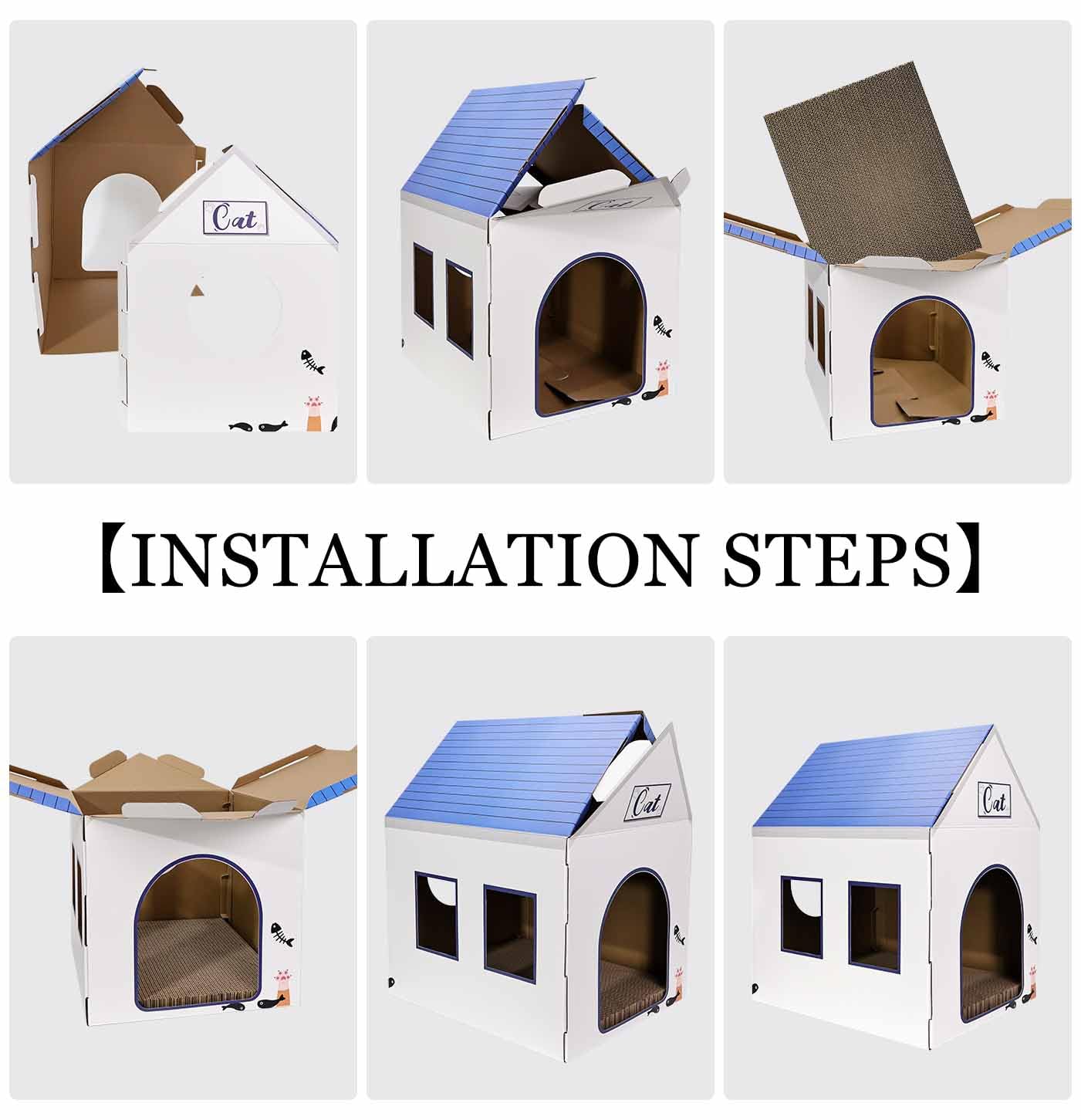 AVXINSOK Cardboard Cat House with Scratcher White Cat House