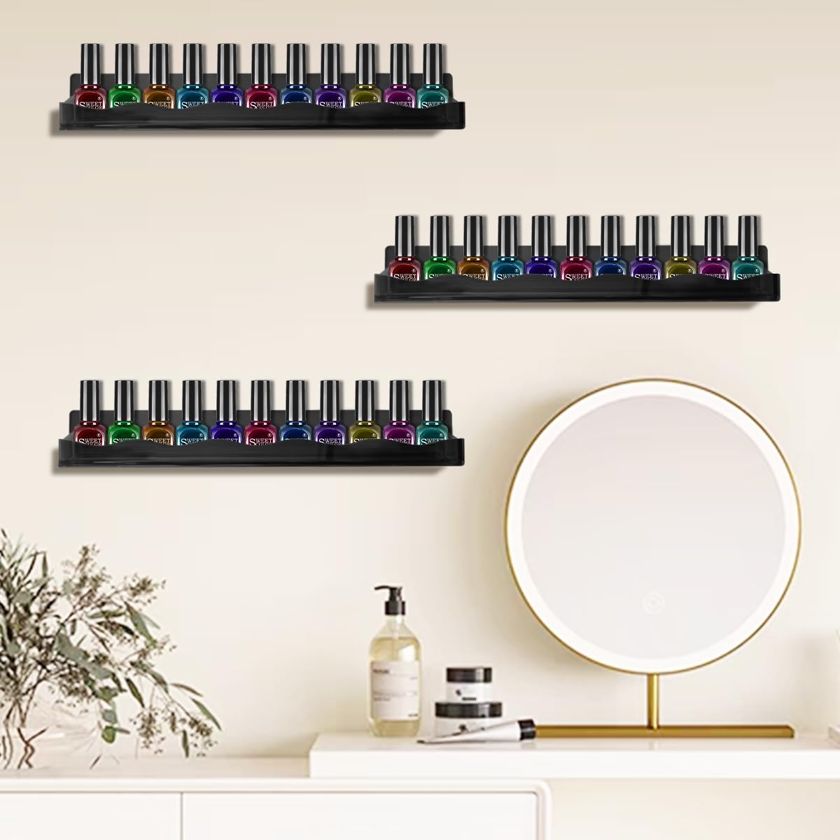 BTremary 15" Nail Polish Rack Wall Mounted Shelf Acrylic Paints Gel Polish Organizer and Storage with End Caps for Nail Techs, Art Lovers, Great Display Salons, Black