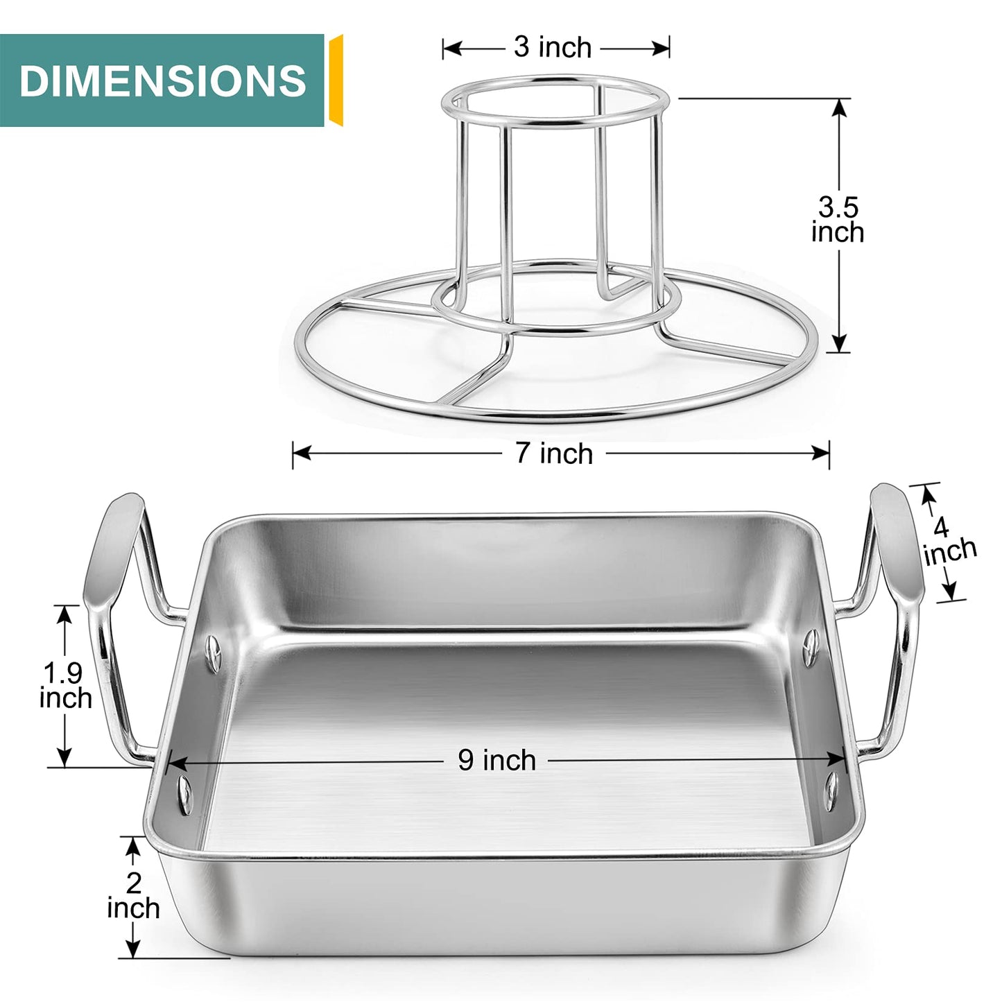 P&P CHEF Beer Can Chicken Holder with Roasting Pan Set, 9-inch Stainless Steel Square Baking Pan and Chicken Rack For Grilling, Heavy Duty & Dishwasher Safe, 4Pcs