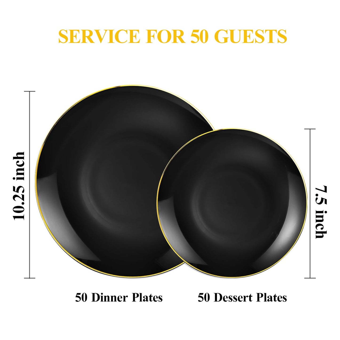 Bestluck 100PCS Black Plastic Plates with Gold Rim, Black Gold Disposable Plates for Party, Graduation and Wedding, Include 50 Dinner Plates, 50 Dessert Plates for 50 Guests
