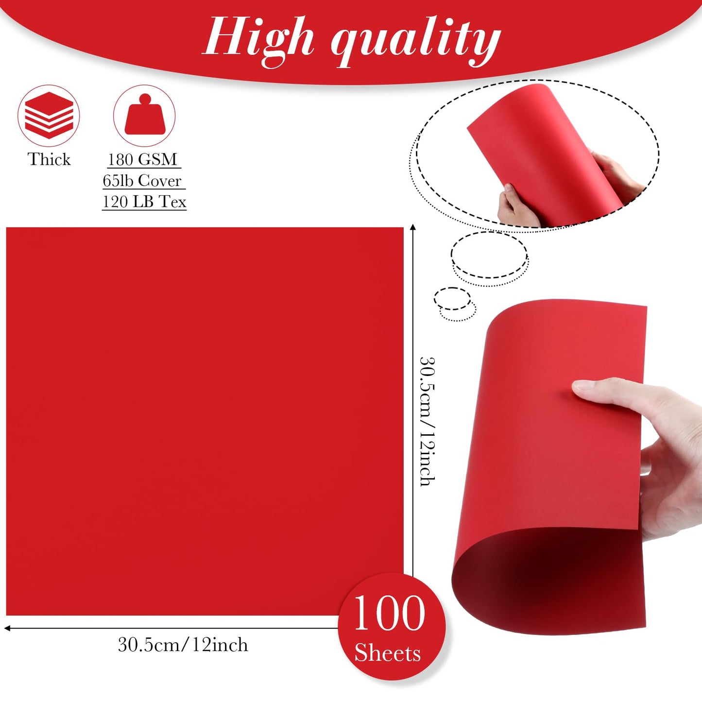 Ctosree 100 Sheets 12 x 12 Inches Cardstock Scrapbook Paper 180 GSM 65lb Cover 120 lb Thick Heavyweight Creative Card Making Supplies for Printer Invitations Menus Collection DIY Projects (Red)