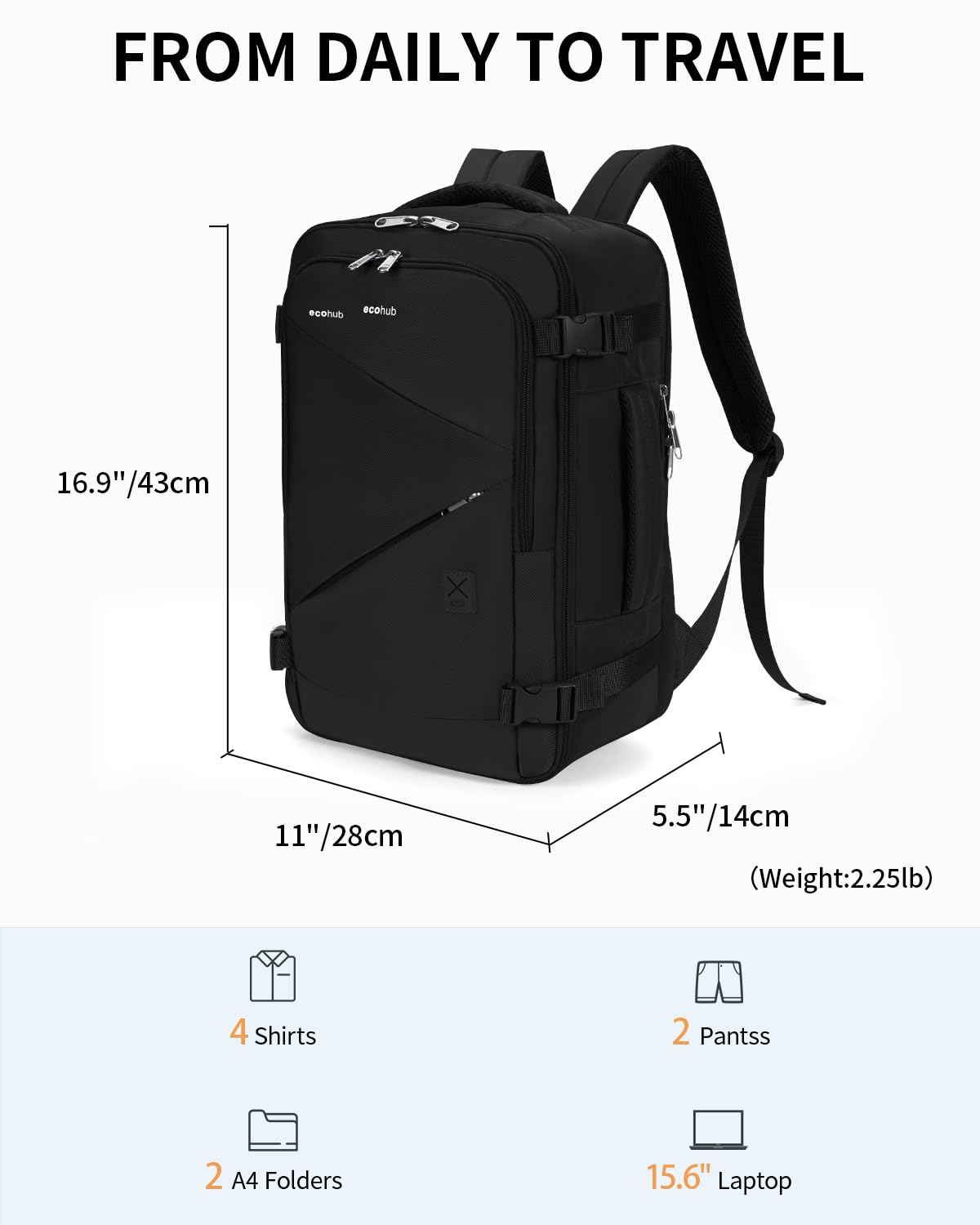 ECOHUB 17" Small Unisex Travel Backpack United Airline Approved 17x10x9 Friendly Suitcase Anti-Theft Lockable Zippers Style Personal Item Bag Travel Essentials with 12 Pockets Water Resistant, Black