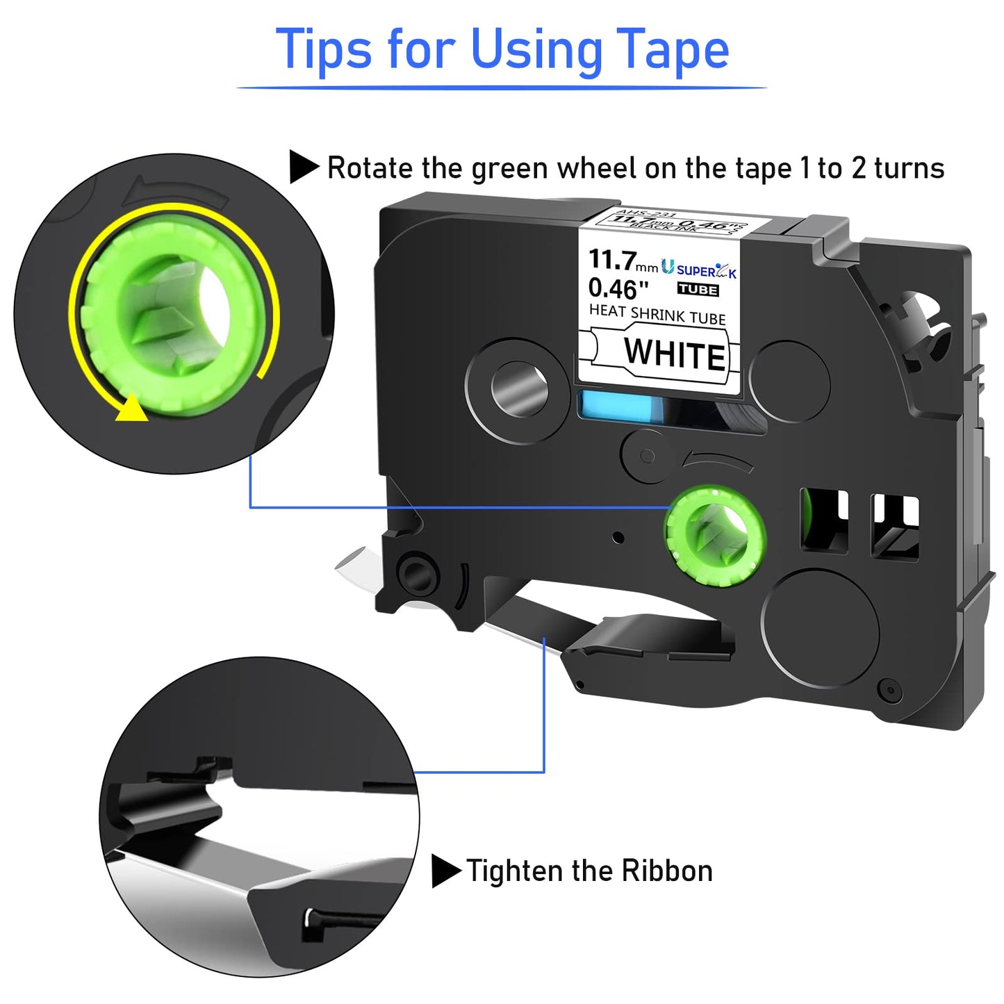 SuperInk 5 Pack Compatible for Brother Ptouch HSe-231 HSe231 HS-231 HS231 0.46 1/2'' 11.7mm Black on White Heat Shrink Tube Label Tape use in PT-D210 PT-D400 PT-E300 PT-E500 PT-P750WVP Label Maker