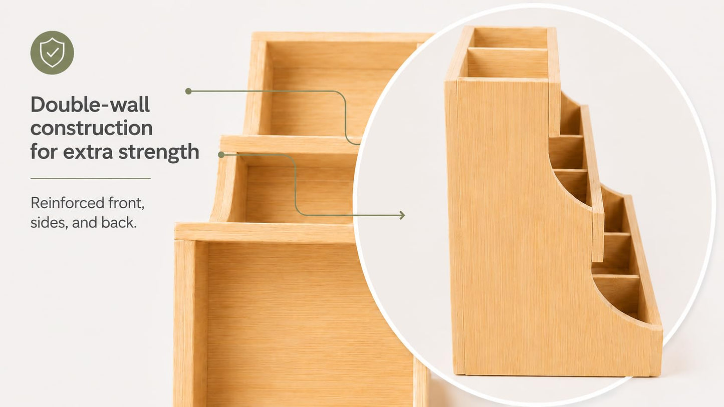 THEODORE Vertical Bamboo Tea Bag Organizer - Holds 180 Bags - Elegant Wooden Storage Box for Home, Office, Café - Also Holds Sugar Packets and Creamers