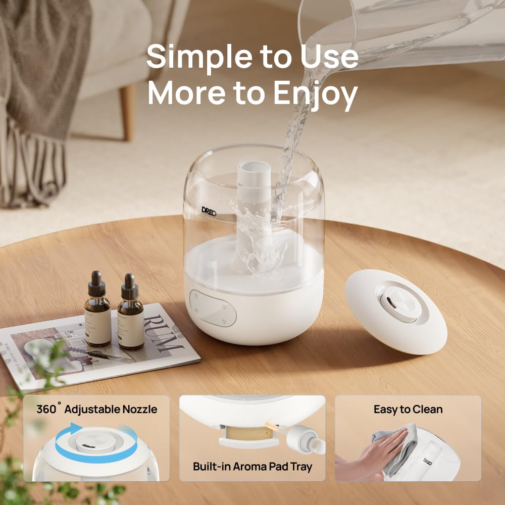DREO Humidifiers for Bedroom, 3L Top Fill 30H & 26dB Quiet Cool Mist Air Humidifier, Easy to Fill & Clean Ultrasonic Humidifier for Plants, Baby, Nightlight, Humidity Sensor, 360° Nozzle, BPA free
