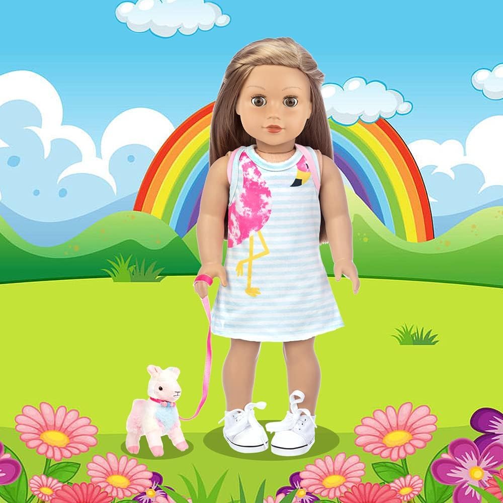 18 Inch Girl Doll Carrier Bag with Doll Clothes and Accessories,Including Dress, White Cloth Doll Shoes ,Doll Backpack, Sunglasses, Toy Lamb
