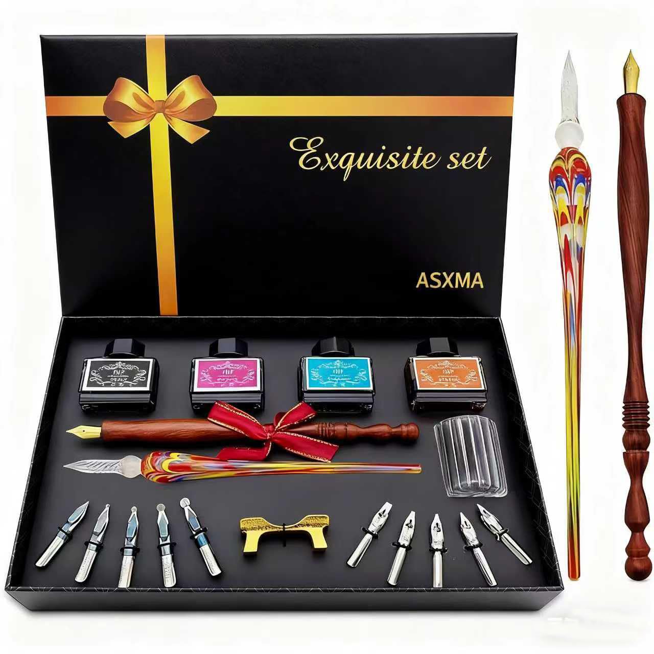 ASXMA Calligraphy Pens Gift Set - Personalized Caligraphy Pen Kits Calligraphy Set For Beginners&professional Include Glass And Wooden Dip Pen,Pen Holder,Various Sizes Of Nibs Etc