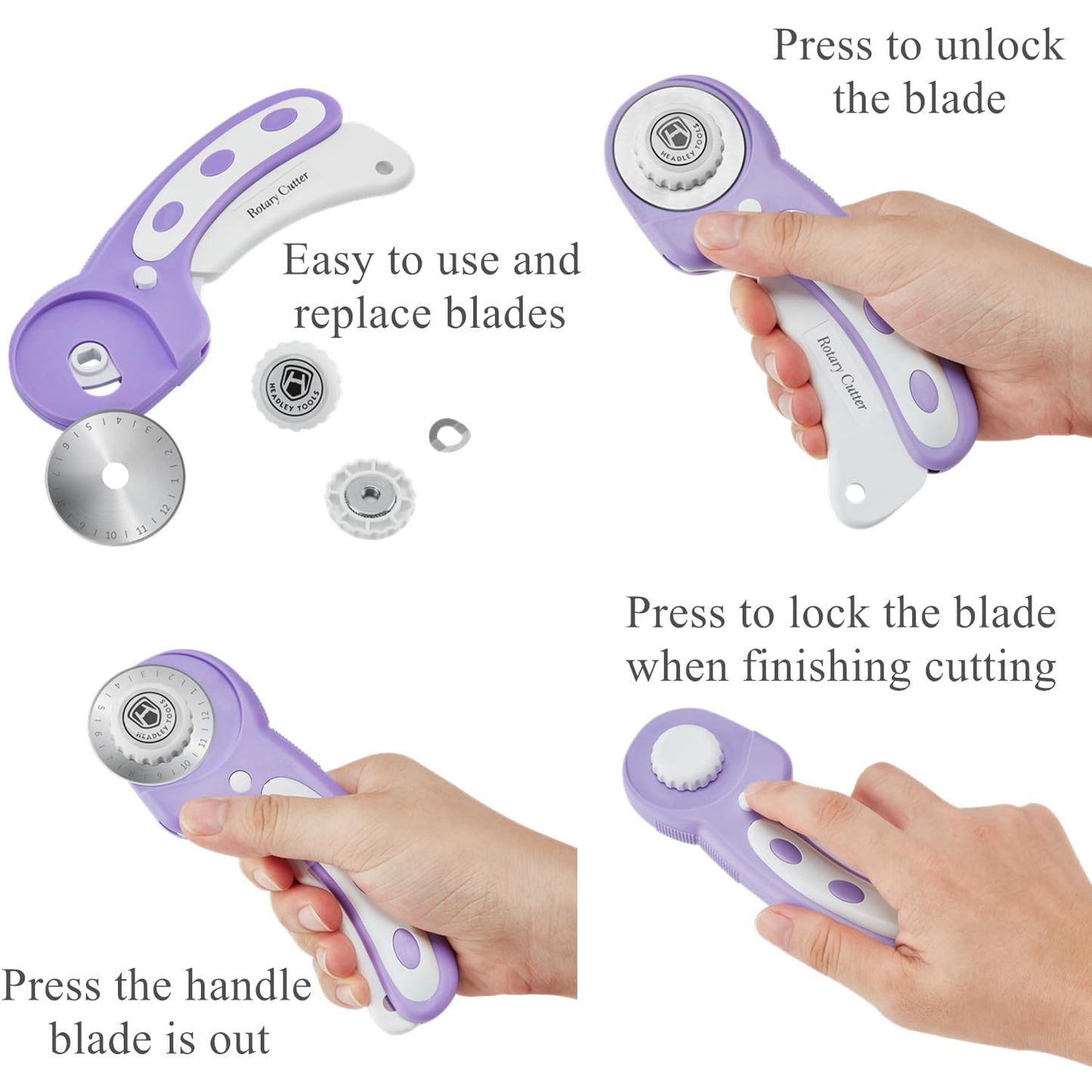 Headley Tools Rotary Cutter Set - 45mm Fabric Cutter, 5 Extra Rotary Blades, A3 Cutting Mat, Quilting Ruler and Sewing Clips, Craft Knife Set, Ideal for Crafting, Sewing, Patchworking, Purple