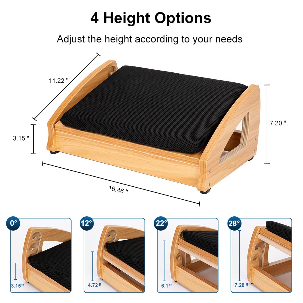 StrongTek Wood Ergonomic Footrest - 4-Angle Adjustable Foot Stool for Desk, Office Footrest, Anti-Slip Foot Stand for Under Desk, Enhances Posture, Promotes Blood Circulation, Easy Assembly (Natural)