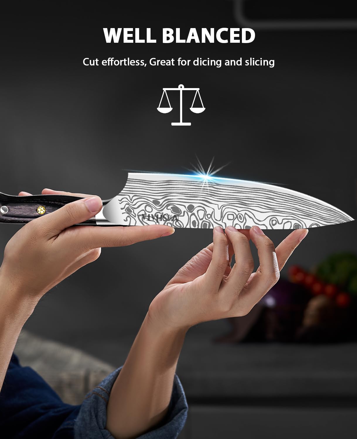 MOSFiATA 8 inch Super Sharp Professional Chef's Knife with Finger Guard and Knife Sharpener, German High Carbon Stainless Steel EN1.4116 with Micarta Handle and Gift Box
