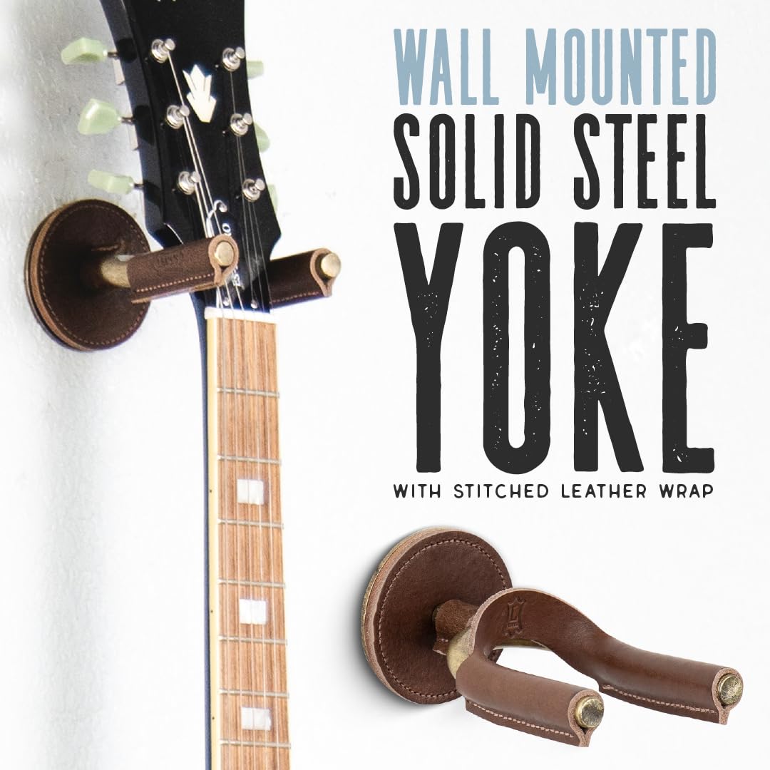 Levy's Leathers Forged Steel Guitar Hanger; Brass Metal with Tan Veg-Tan Leather Yoke Wraps (LVY-FGHNGR-BRTN)