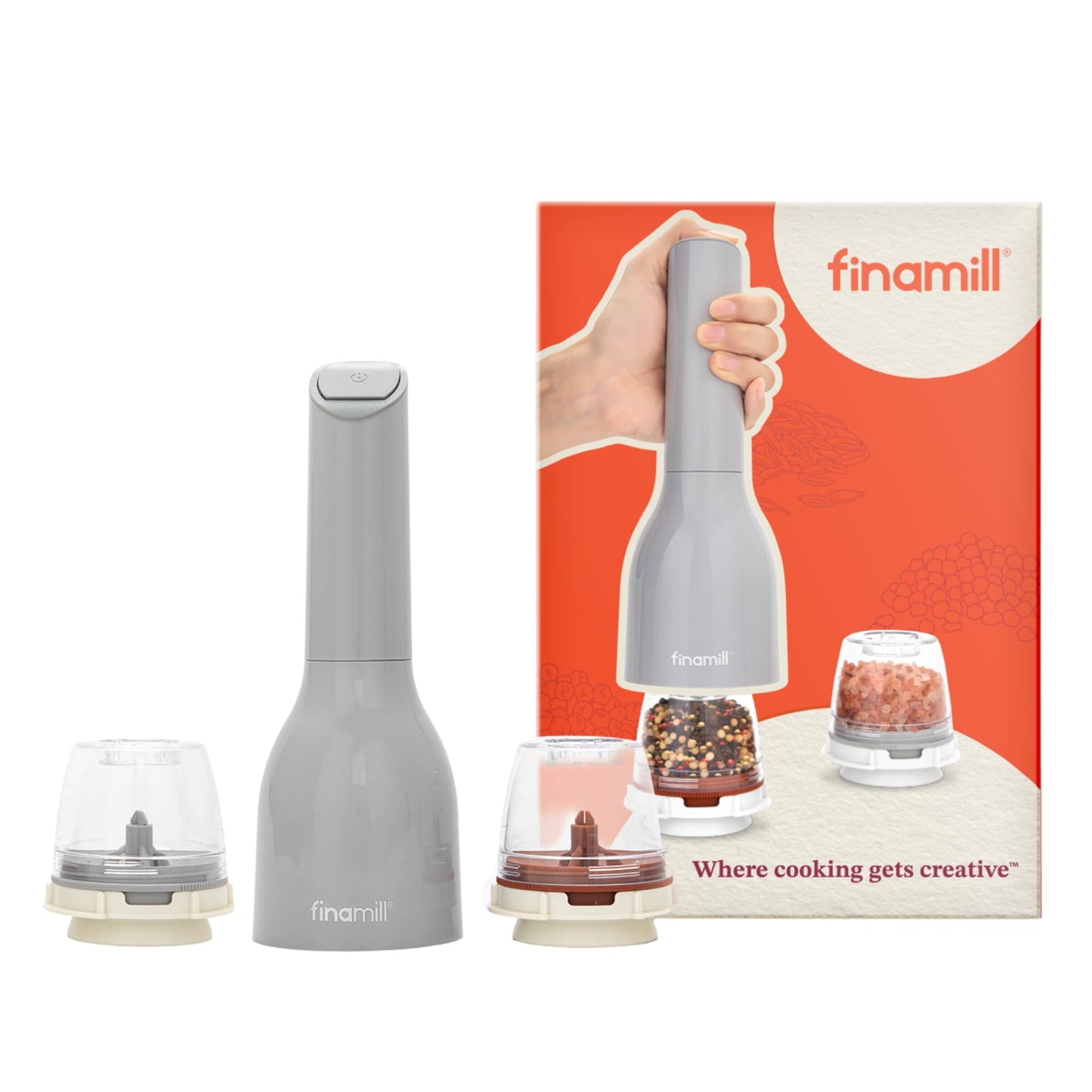 FINAMILL Grinder with 2 Pods (ProPlus & Peppercorn), Battery Operated, Stone