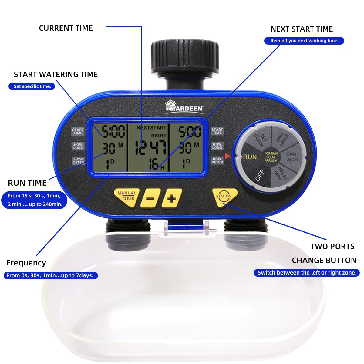 Yardeen Sprinkler Timer for Garden Hose, Programmable Hose Timer with Rain Delay/Manual/2 Solenoid Valves Garden Electronic Irrigation Controller System Color Blue