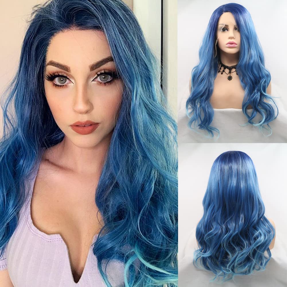 Angle Lucky Ombre Blue Wig for Women Long Curly Wavy Blue Omber Highlight White Free Part Wig Synthetic Pre plucked Lace Front Wig Heat Resistant Cosplay Halloween Mermaid Wigs 24 Inch