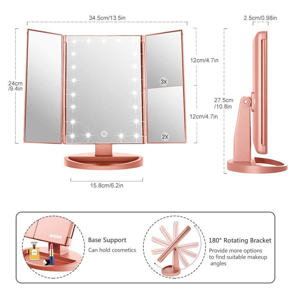 WEILY Vanity Makeup Mirror,1x/2x/3x Tri-Fold Makeup Mirror with 21 LED Lights and Adjustable Touch Screen Lighted Mirror Dressing Mirrors for Women (Rose Gold)