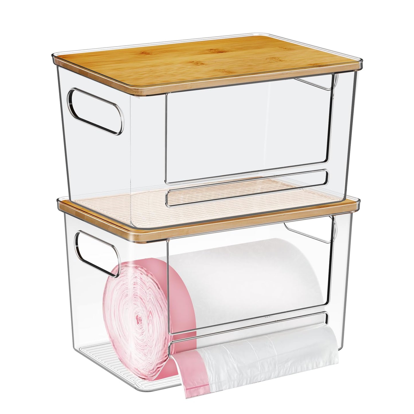 Acrylic Trash Bag Dispenser & Garbage Bag Organizer with Bamboo Top - Under Sink Organizer for Kitchen, Pantry, Laundry Room - Durable Trash/Garbage Bags Holder (Clear, XL-2 PACK)