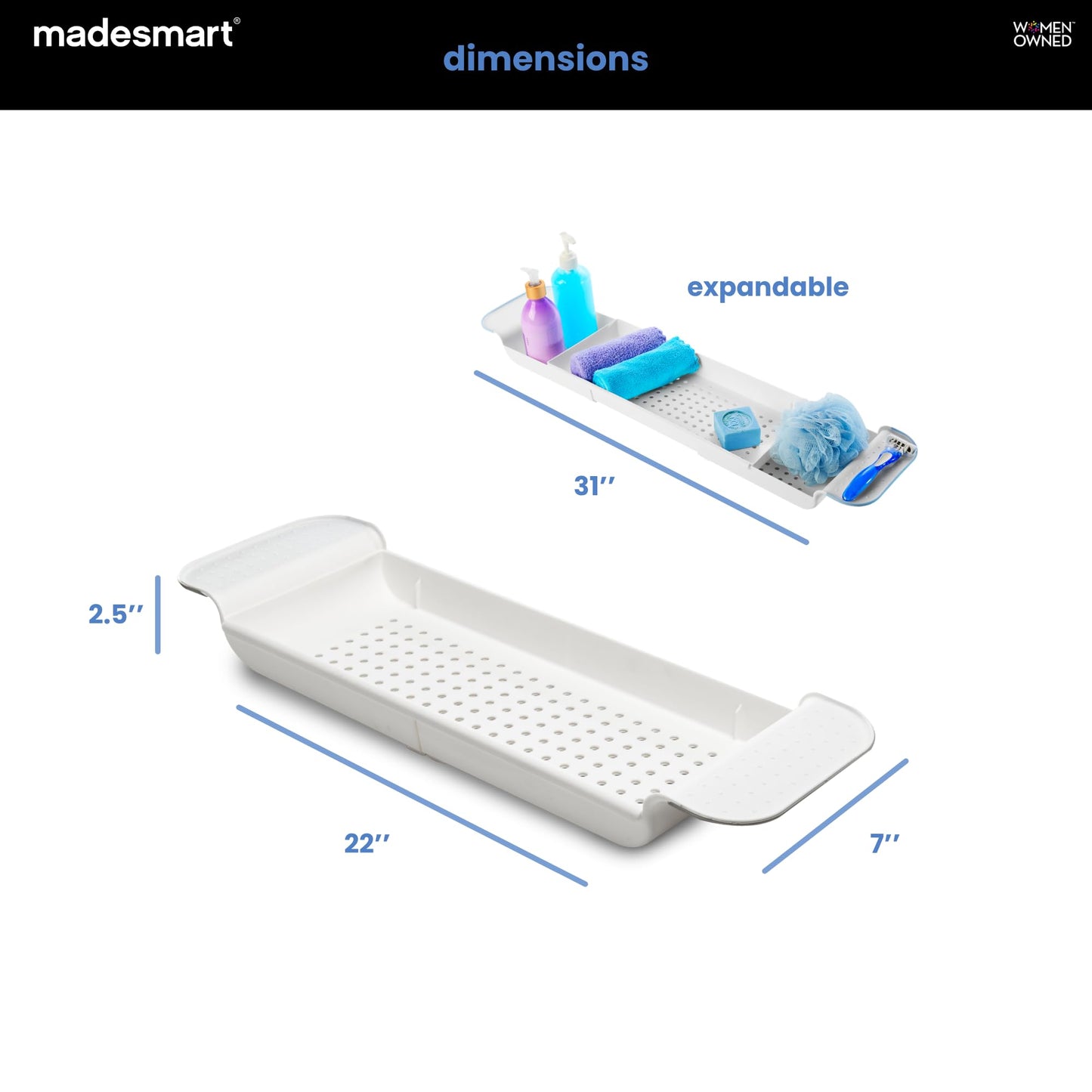 Madesmart Expandable Bath Tray for Bathtubs, Plastic Shower and Bath Shelf Caddy, White, Multifunctional Bathtub Bathroom Organizer, Premiumwhite