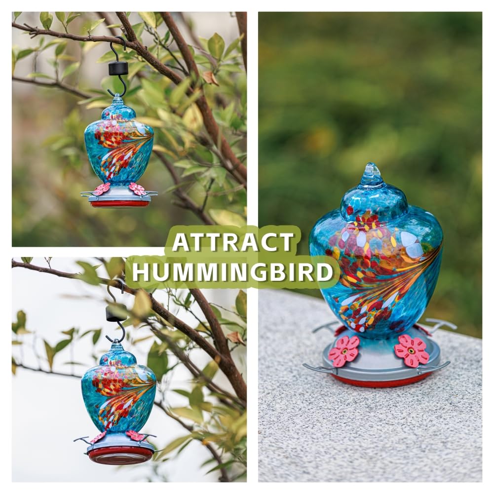 Hummingbird Feeder with Perch - Hand Blown Glass - 38 Fluid Ounces Blue Hummingbird Nectar Capacity Including Hanging Wires and Moat Hook Blue