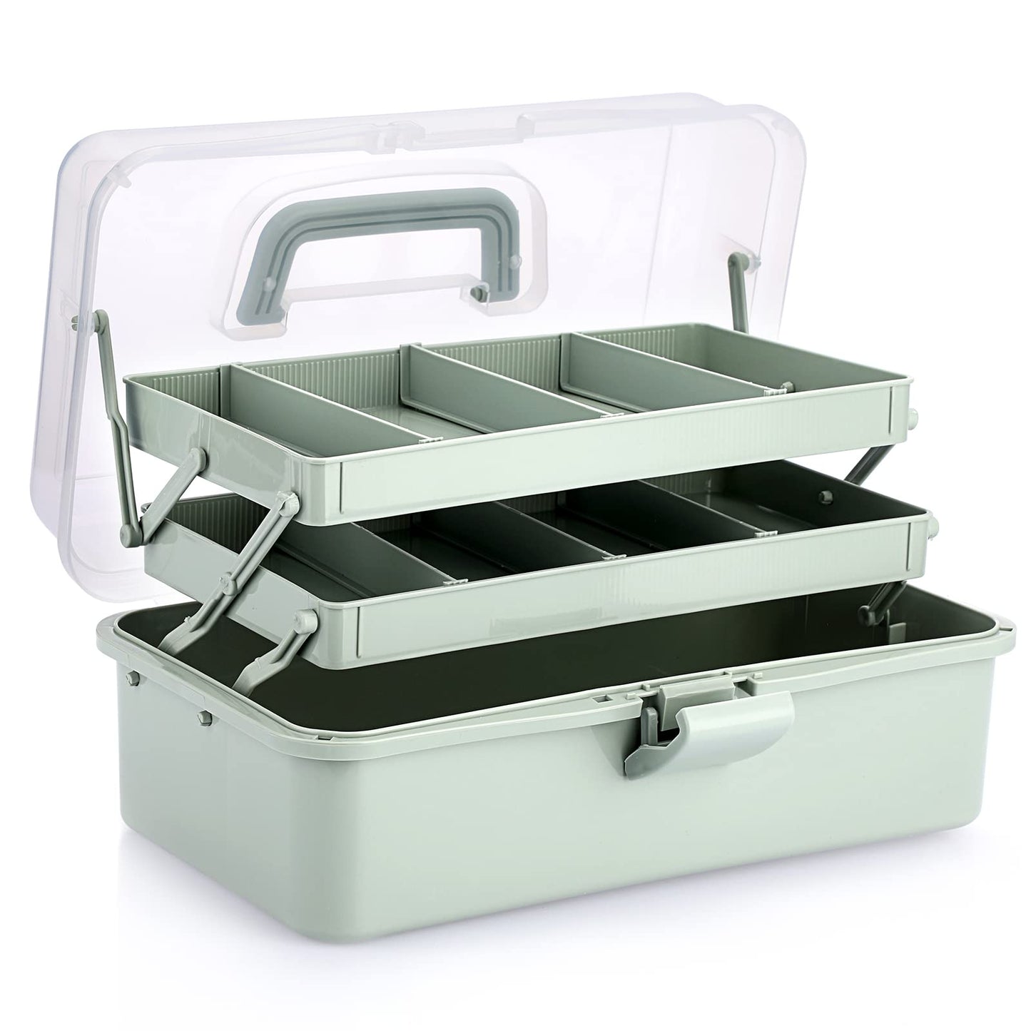 JuxYes Three Layer Multipurpose Storage Box, 3-Layer Art Craft Storage Container Clear Plastic Folding Tool Box Art Crafts Case Sewing Supplies Organizer with 2 Tray, Green