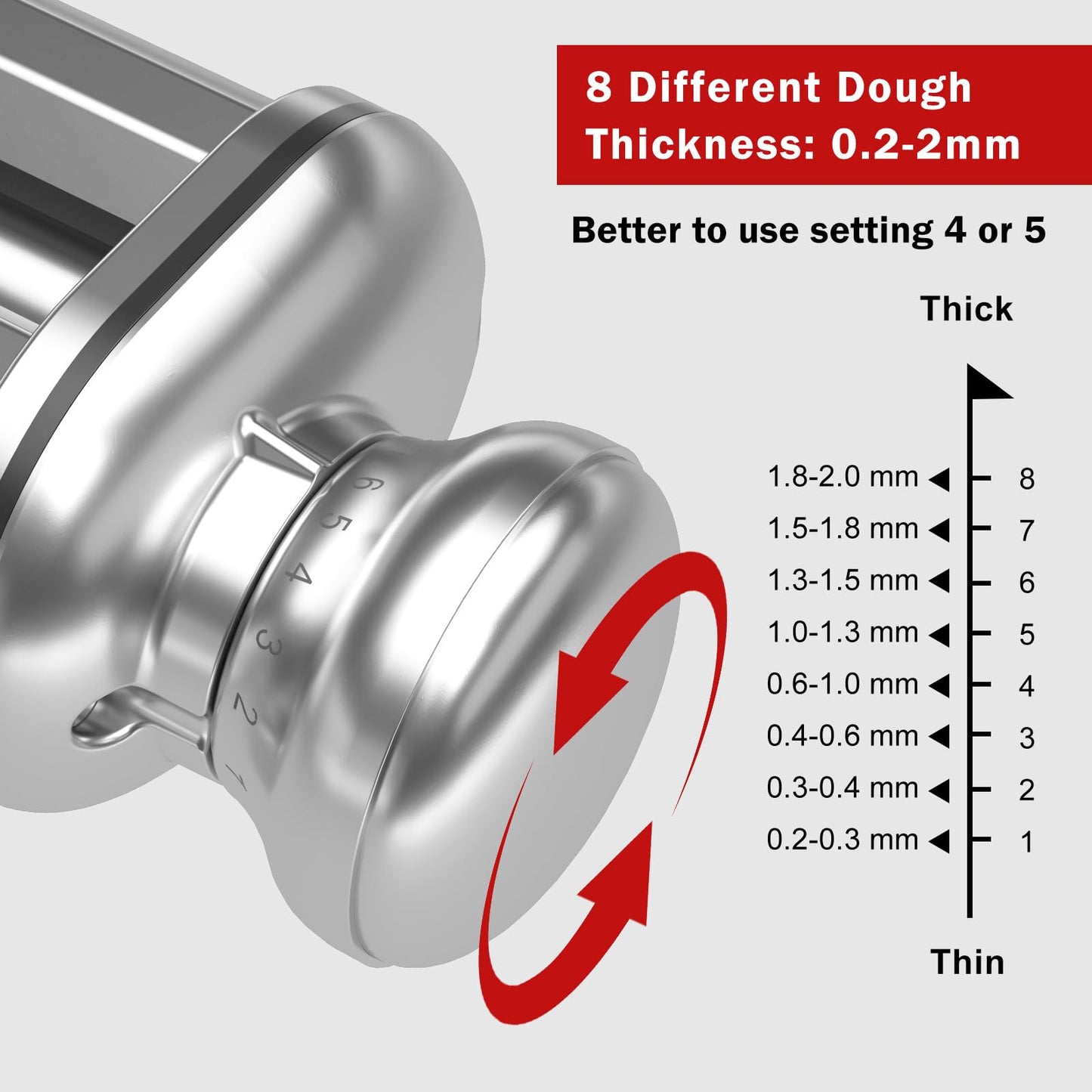 Pasta Roller Attachment for all KitchenAid Standing Mixers, Pasta Maker for Kitchen Aid Accessories and Attachments, Noodle Dough Sheet Roller with 8 Different Thickness Knob, Stainless Steel