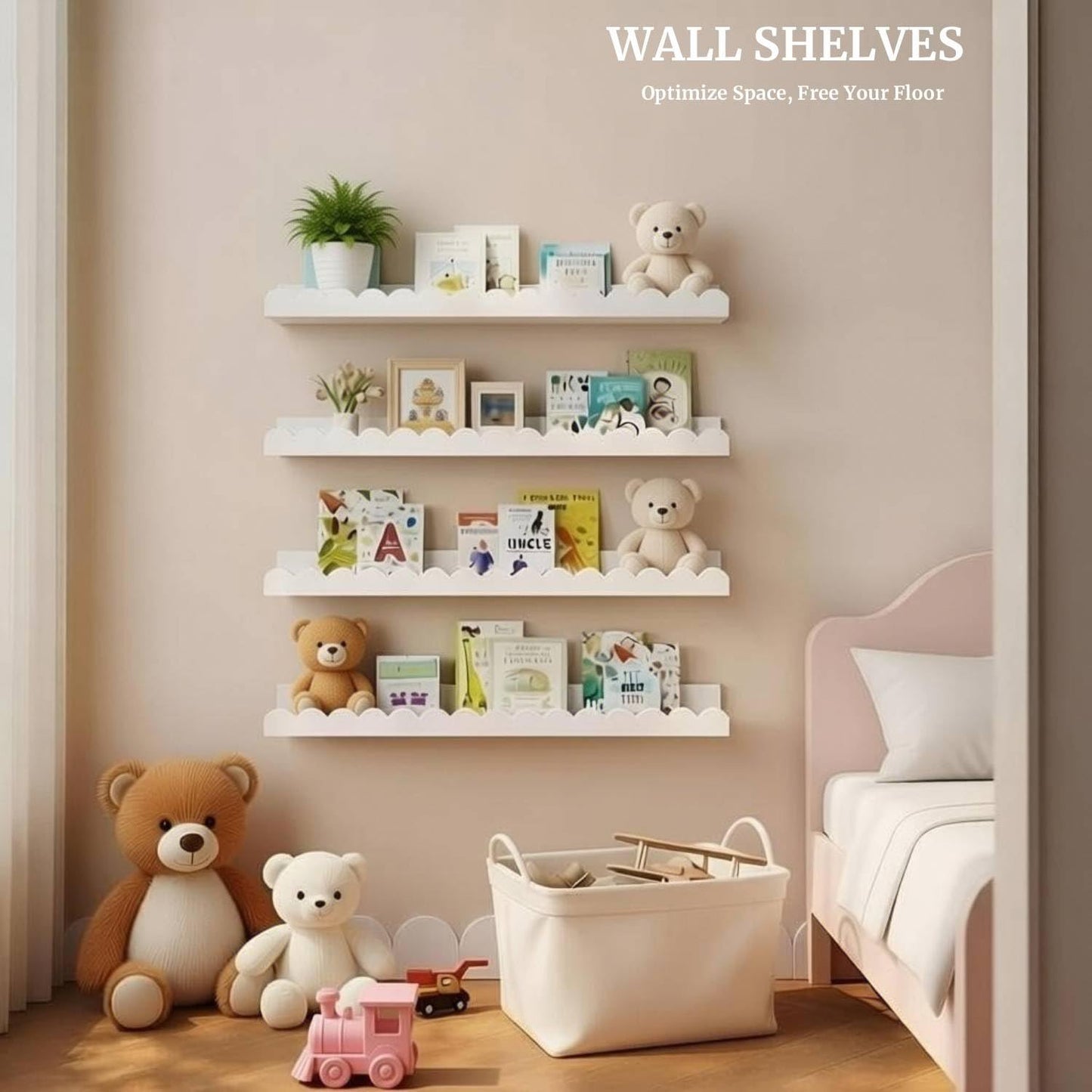 Watelife Nursery Book Shelves, 4-Pack White Floating Shelves for Wall Kids, Scalloped, Wall Book Shelve for Bedroom Kids, Toddler Room, Baby Room, Nursery Decor(Medium 23 Inches)