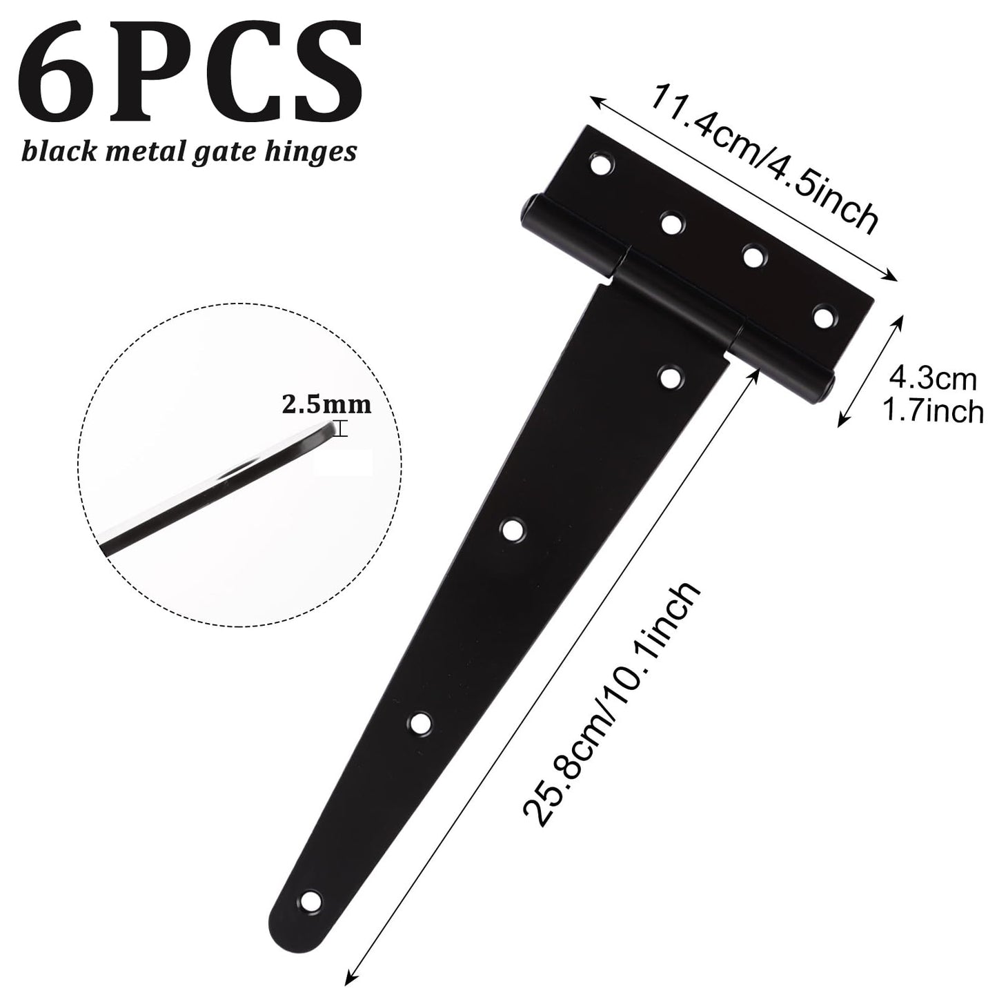 Acrux7 6 PCS Heavy Duty Gate Hinge 10 Inch T Strap Hinges, Metal Shed Barn Door Hinges with Screws, Black Strap Gate Hinge Outrdoor for Barn Doors, Shed Door, Wooden Fence