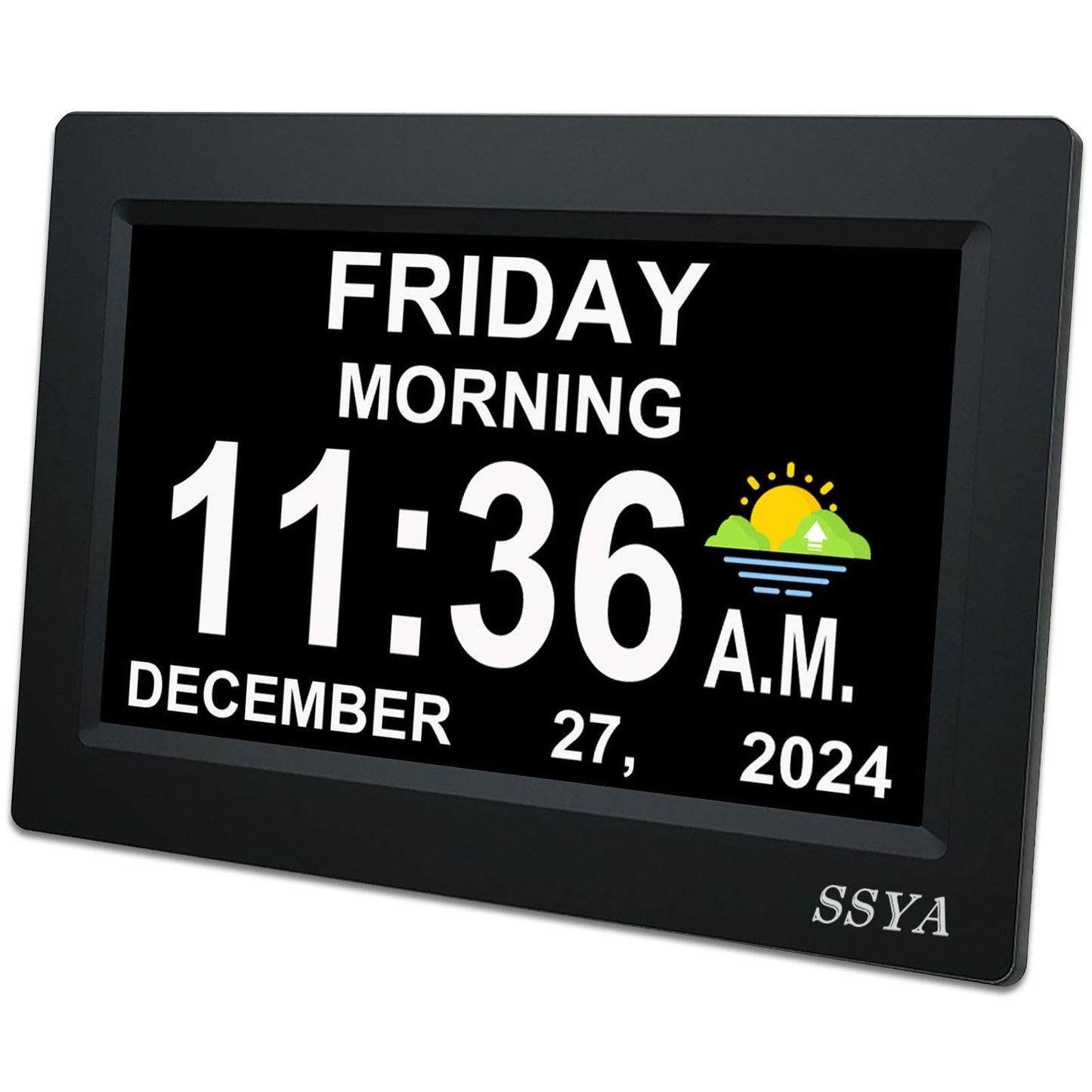 SSYA 7 Inch Day Clock - 12 Alarm Options, Level 5 Auto Dimmable Display,Extra Large Impaired Vision Digital Clock with Non-Abbreviated Day & Month Alarm Clock
