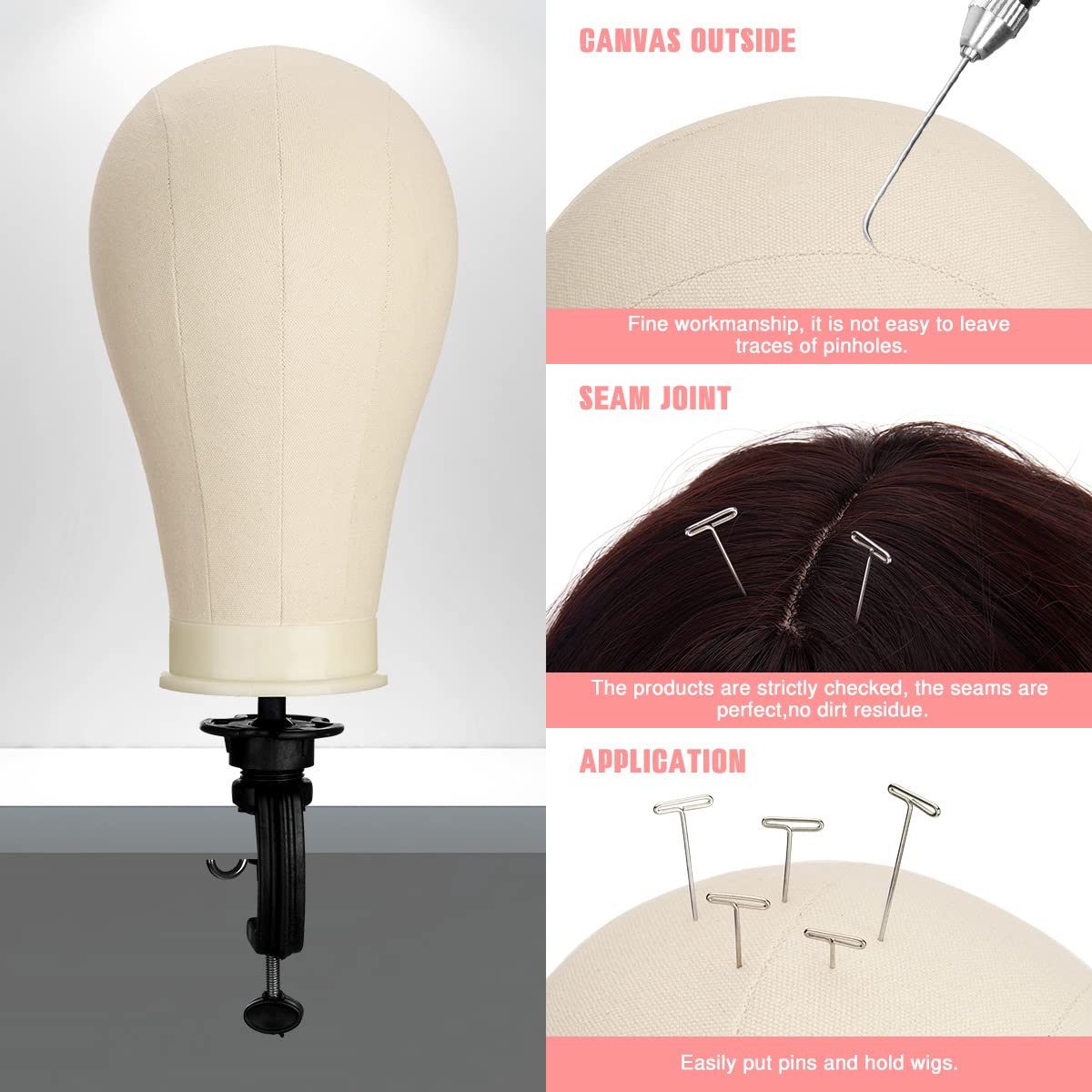 22 Inch Wig Head (White), Wig Stand Tripod with Head, Canvas Block Head Mannequin Head Stand Wig Display Styling Head With Mount Hole, Manikin Canvas Head Block Set for Wigs Making Display with Wig Caps, T Pins C Pins Set Bristle Brush