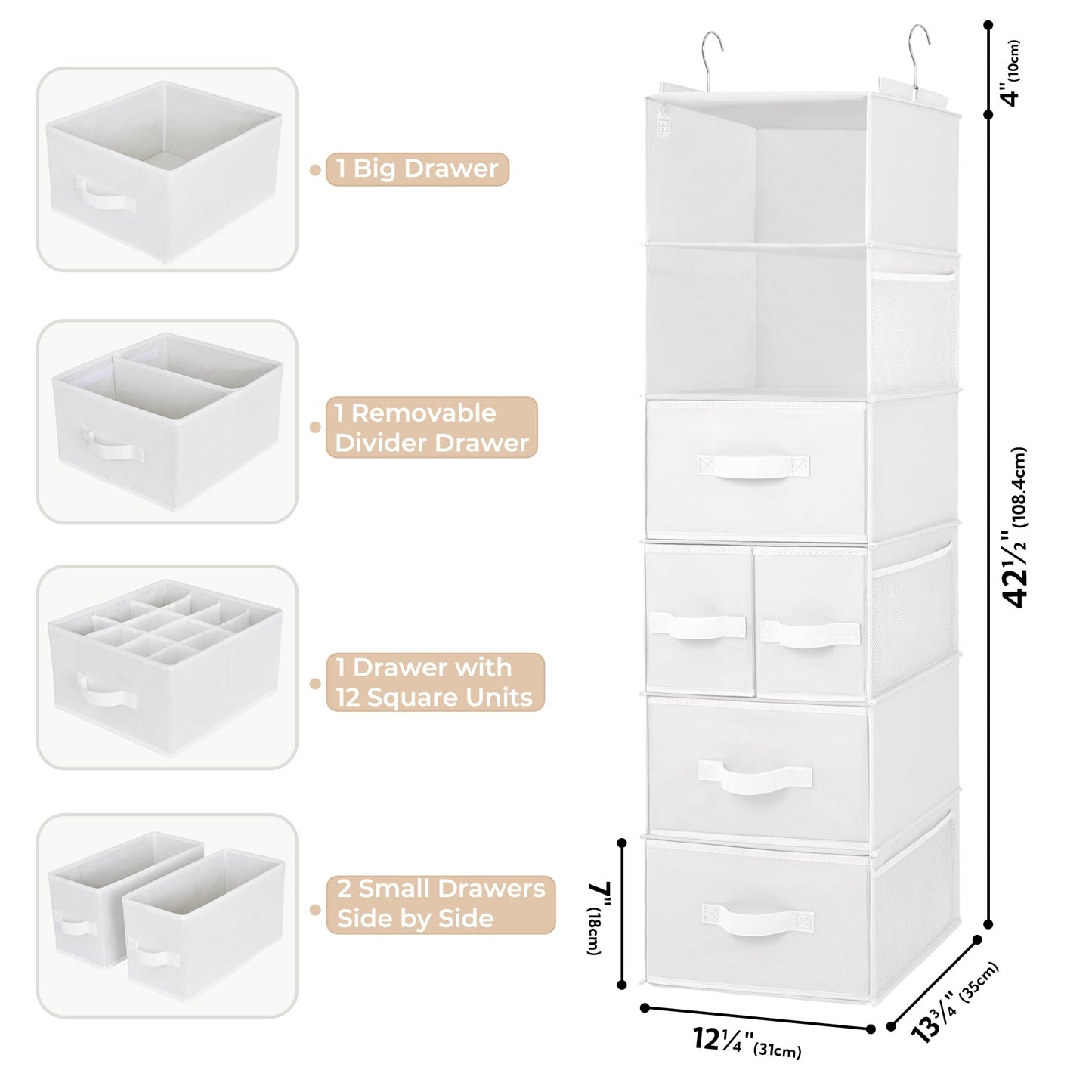GRANNY SAYS Hanging Closet Organizer with Drawers, Rangement Garde Robe, Hanging Storage Organizer, Closet Organizers and Storage for Clothes, 1-Pack, 31 x 35 x 108.4cm, 6-Shelf, White