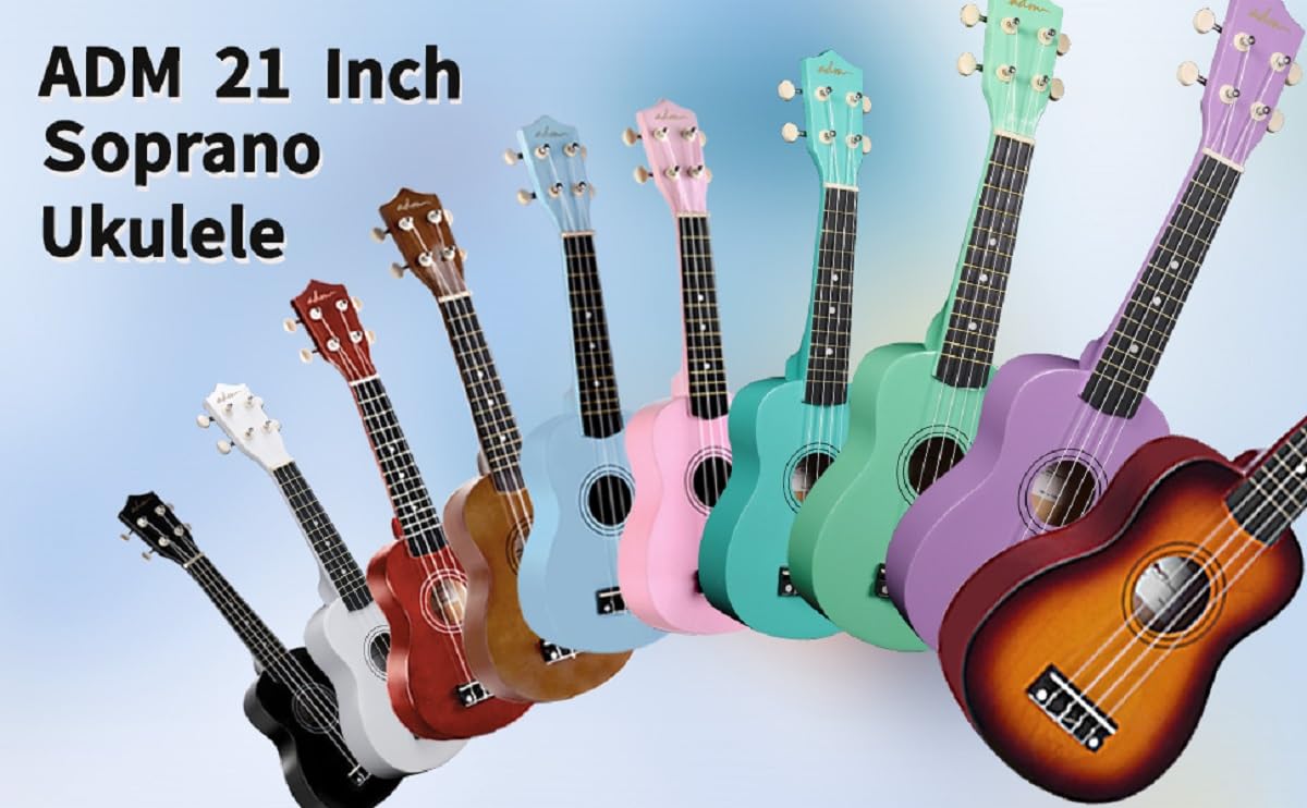 ADM Soprano Ukulele for Beginners 21 Inch Hawaiian Wood Ukelele Kit for Adult Student Starter Professional Ukalelee Pack Bundle with Free Lessons Gig Bag Strap Nylon String Tuner Pick, Brown