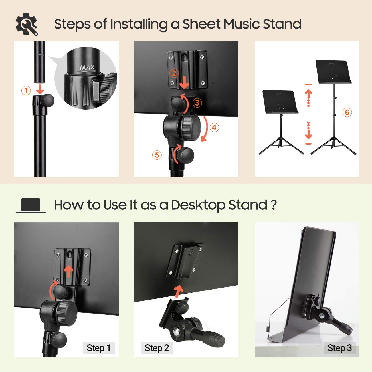 CAHAYA 5 in 1 Dual-use Sheet Music Stand & Desktop Book Stand Metal Portable Solid Back with Book Stand Support, Carrying Bag, Sheet Music Folder & Clip, Laptop Bible Book Tablet Stand CY0194