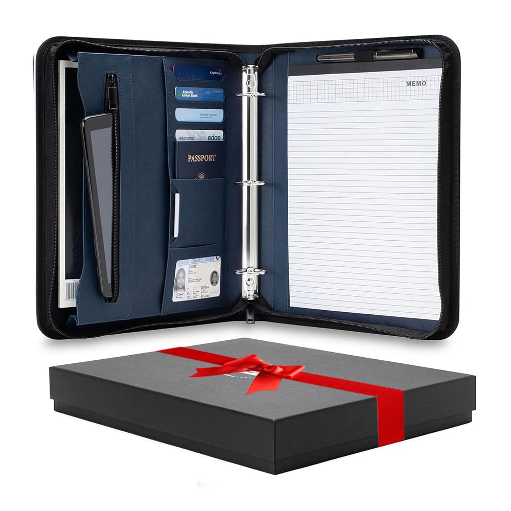 Forevermore Portfolios Portfolio Organizer - 3 Ring Binder with Notepad - 1.5 Inch Rings - Zippered Storage Pockets for Papers, Travel Documents, Presentation Folder, Cards, Passport, Tickets - Blue