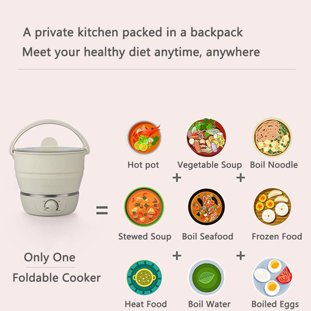 Drizzle Foldable Electric Hot Pot Cooker Dual Voltage100V-240V Mini Kettle Food Grade Silicone Cookerware Boiling Water Steamer Portable Travel (White)