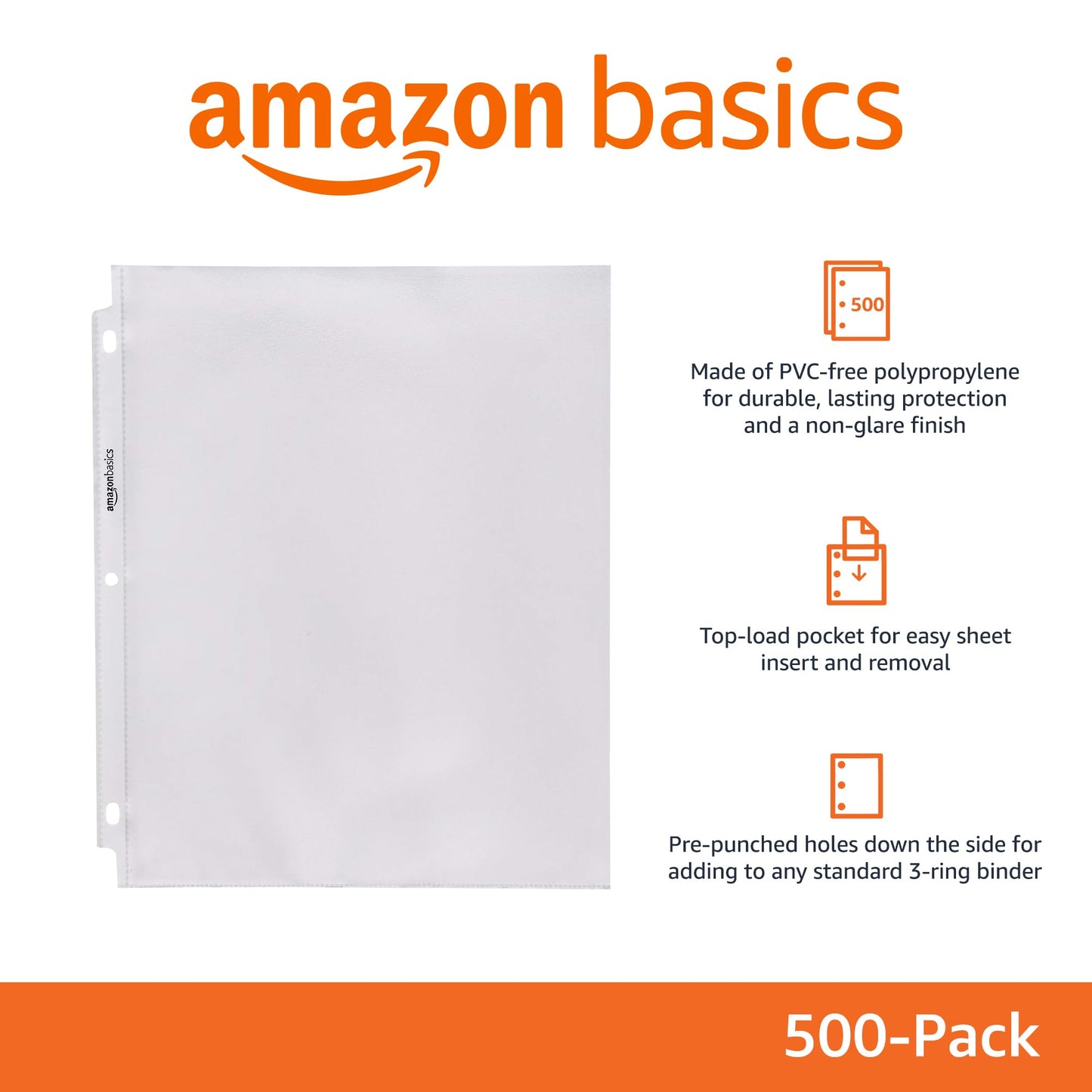 Amazon Basics Non-Glare Sheet Protector for Documents, with Pre-Punched Holes, 500 Count, 21.59 x 27.94 cm, Clear