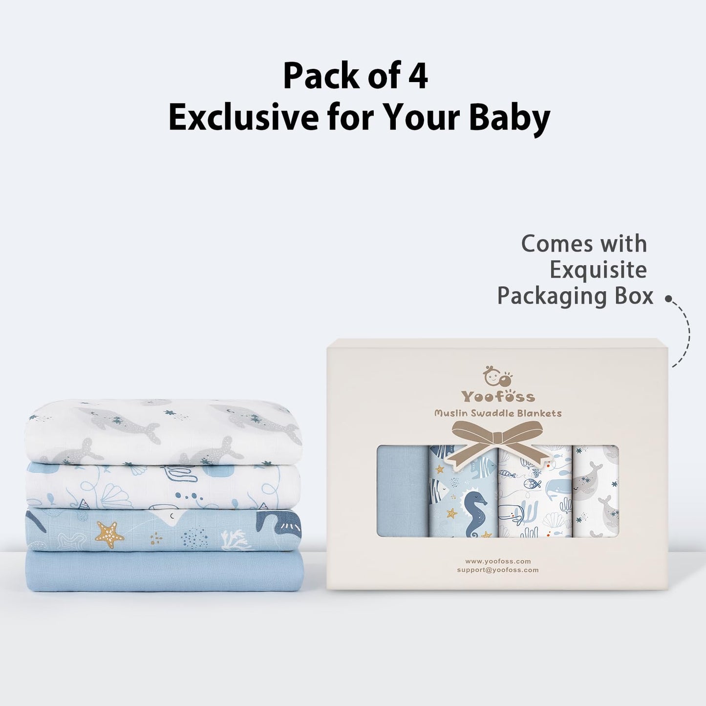Yoofoss Muslin Swaddle Blankets, 4 Pack Receiving Blankets for Boys and Girls, 47 x 47 Inches Muslin Baby Blankets Soft Breathable - Ocean