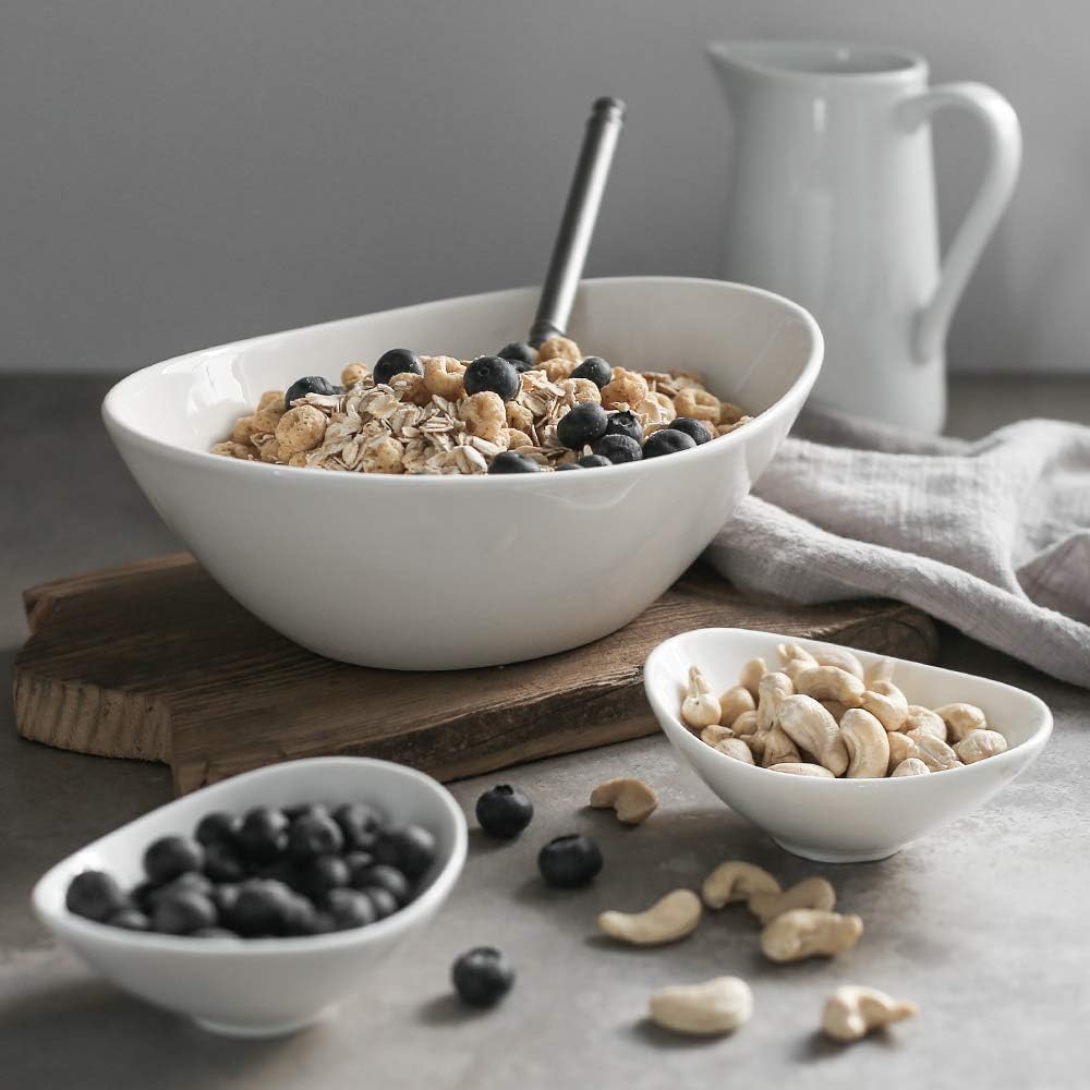 DOWAN 9" Porcelain Serving Bowls, Large Serving Dishes, 36 Ounce for Salads, Side Dishes, Pasta, Oval Shape, Microwave & Dishwasher Safe, Good Size for Dinner Parties, Set of 4, White