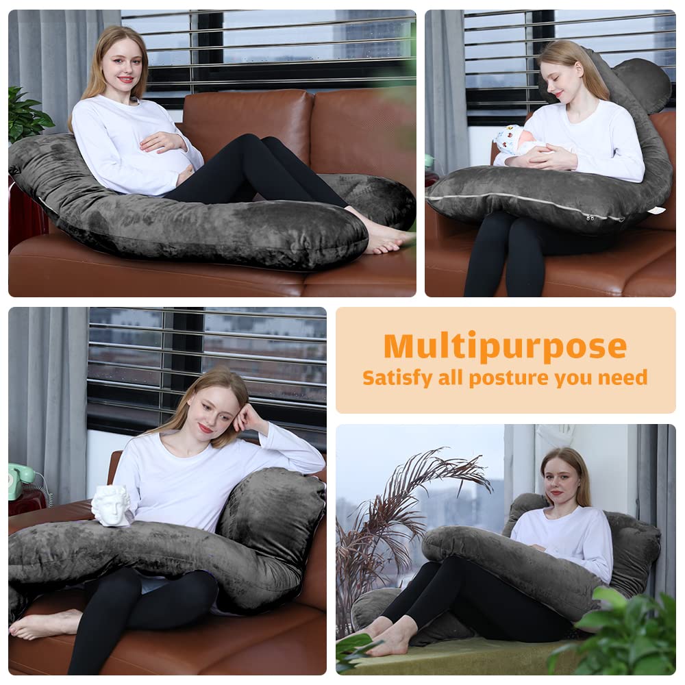 Chilling Home 59 Inch Pregnancy Pillow for Sleeping, Maternity Pillow for Pregnant Women, Full Body Pillow for Adults, Comfort U Shaped Pregnancy Pillow with Removable Washable Velvet Cover, Dark Grey