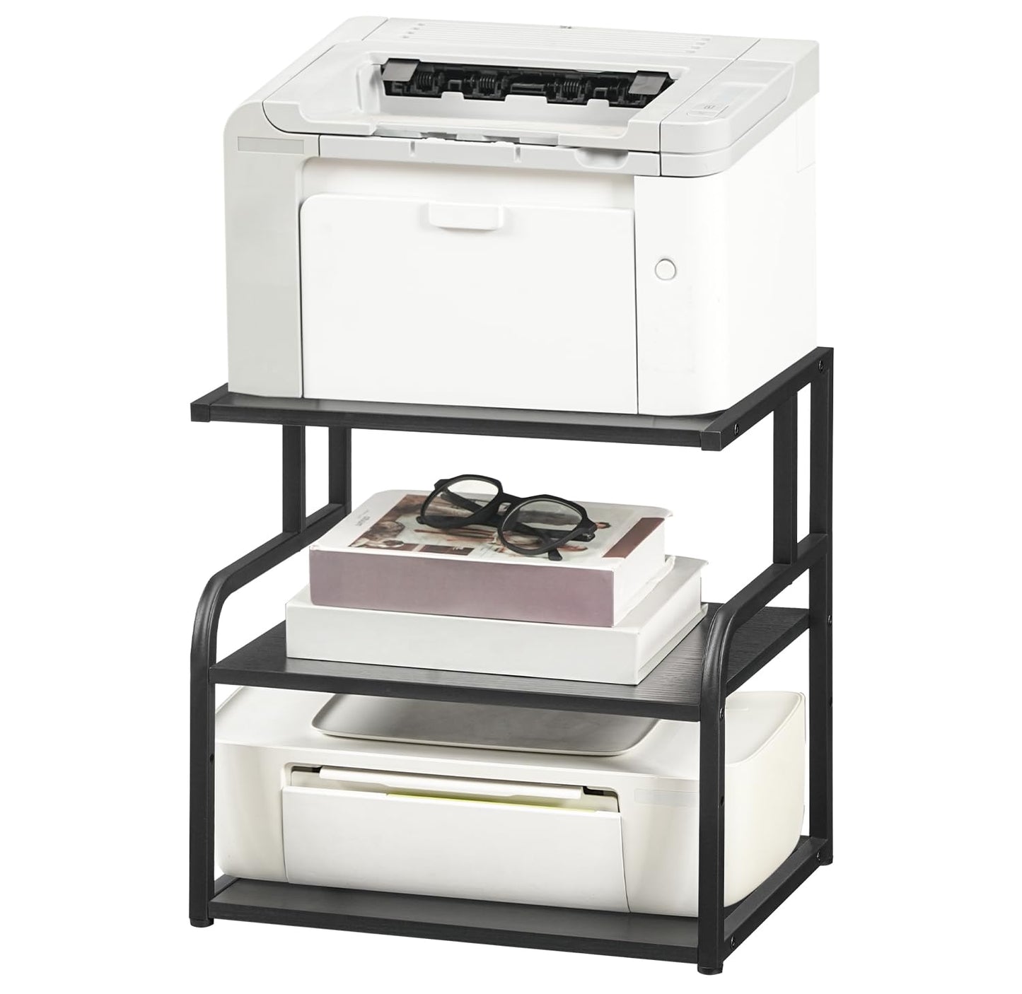 HOOBRO Printer Stand, 3-Tier Desktop Printer Table, Under Desk Storage Office Organizer, Storage Rack with Adjustable Shelf, for Home Office, Kitchen, Living Room, Black BB06PS01