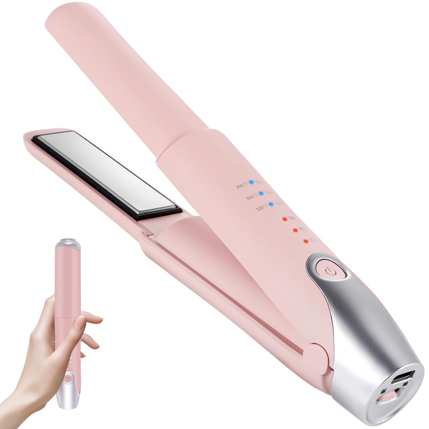 Cordless Hair Straightener for Women Cordless MINI Iron Portable Pink Hair Straightener,Fast Heating to 200°C Max Temperature Portable Straightener 2 in 1 for Hair Straightening and Curling
