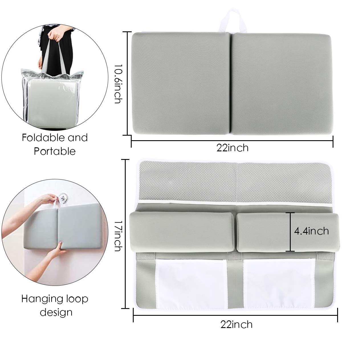 Bath Kneeler with Elbow Rest Pad Set,1.5" Thick Baby Bath Kneeling Pad Arm Rest Cushion with 4 Toy Organizer for Happy Baby Bathing Time(Gray)