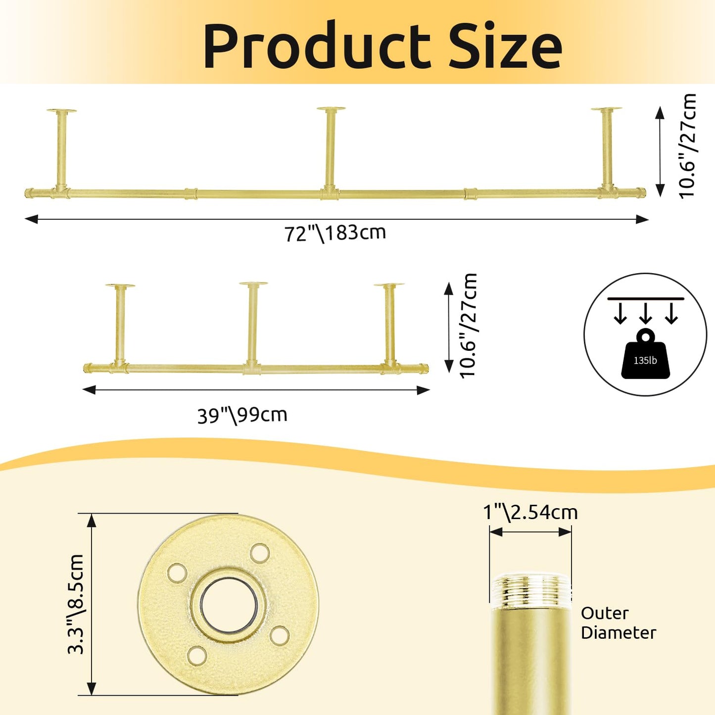 Oroonoko Gold 72inch Industrial Pipe Clothes Garment Rack Ceiling Mount For Hanging Rod Bar for Laundry Room Up to Max Load 135Lb