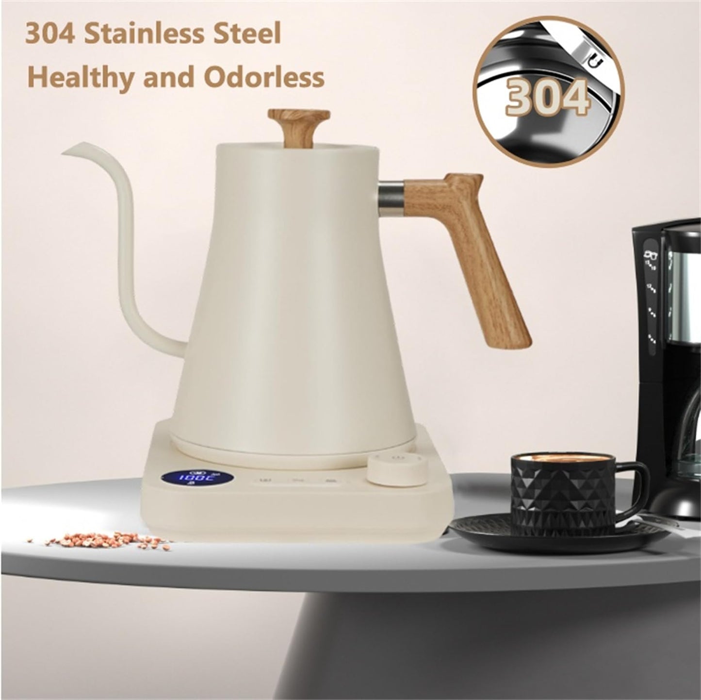 Electric Gooseneck Kettle, 304 Stainless Steel Electric Tea Kettle Temperature Control Pour-Over Coffee and Tea Pot 1200W Quick Heating Hot Water Boiler Anti-dry Protection, 0.9L (Cream White)