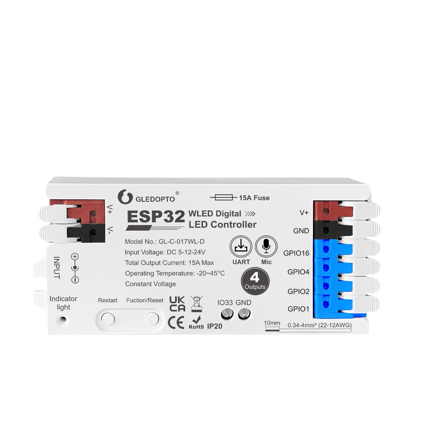 ESP32 WLED RGB IC LED Strip Controller 4 Channel Outputs 15A Fuse Mic Sound Dynamic Lights USB-C UART DIY Energy Saving Relay Level Shifter IC for Digital WS2811 WS2812 WS2815 SK6812 etc