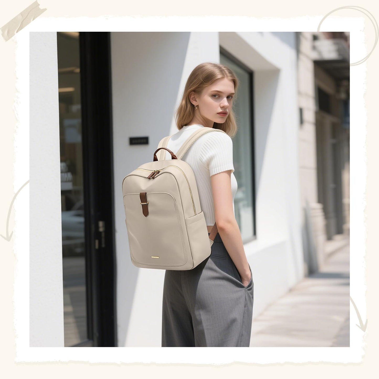 GOLF QUALITY Laptop Backpack for Women,Casual Work Business Backpacks Purse Carry on Travel Backpack,14 Inch,Apricot